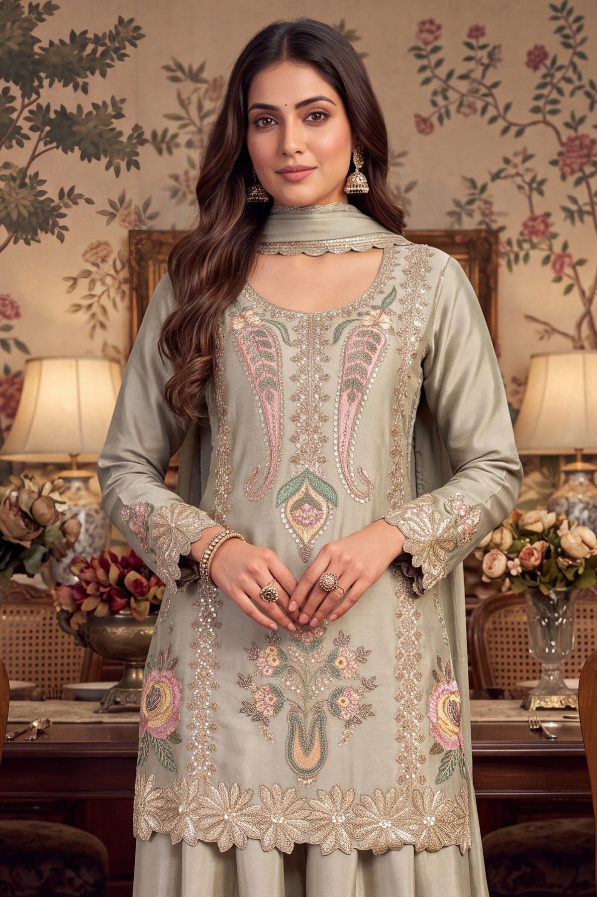 Grey Green Readymade Bead Work Chinon Palazzo Suit-SAR13565_6_SareeButa.com