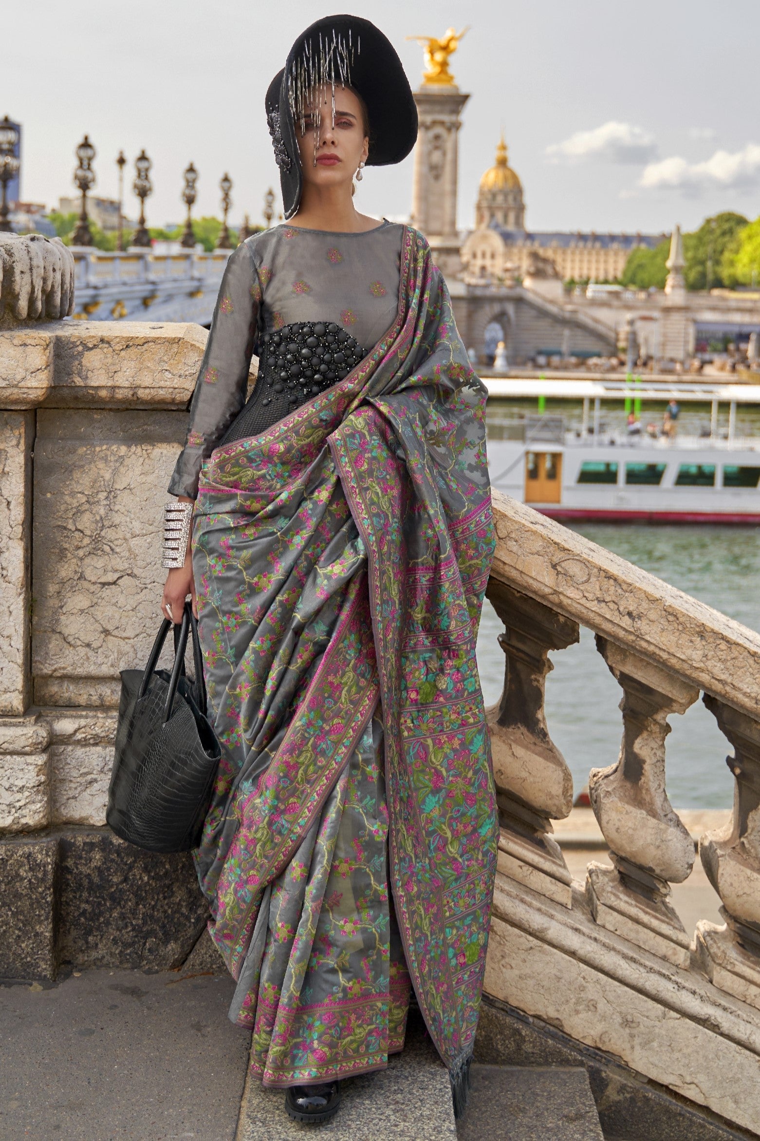 Grey Jaal Weave Organza Saree-ZB133049_1_SareeButa.com