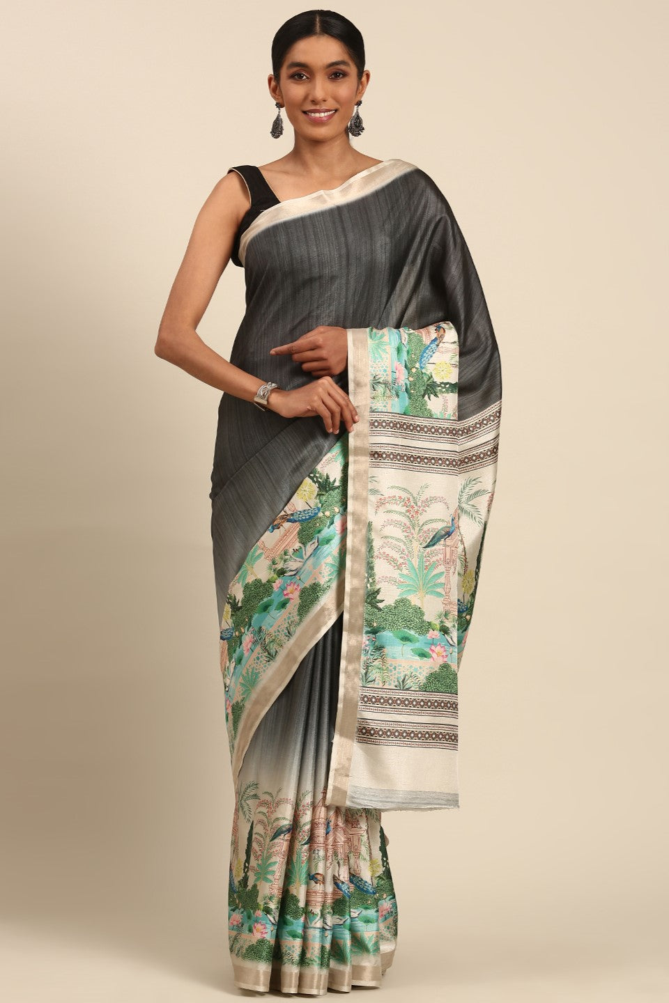 Grey Printed Cotton Saree-ZB133450_1_SareeButa.com