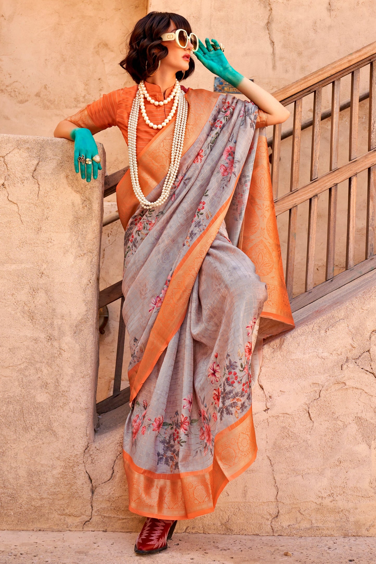 Grey Printed Georgette Saree with Jacquard Border-ZB133531_1_SareeButa.com