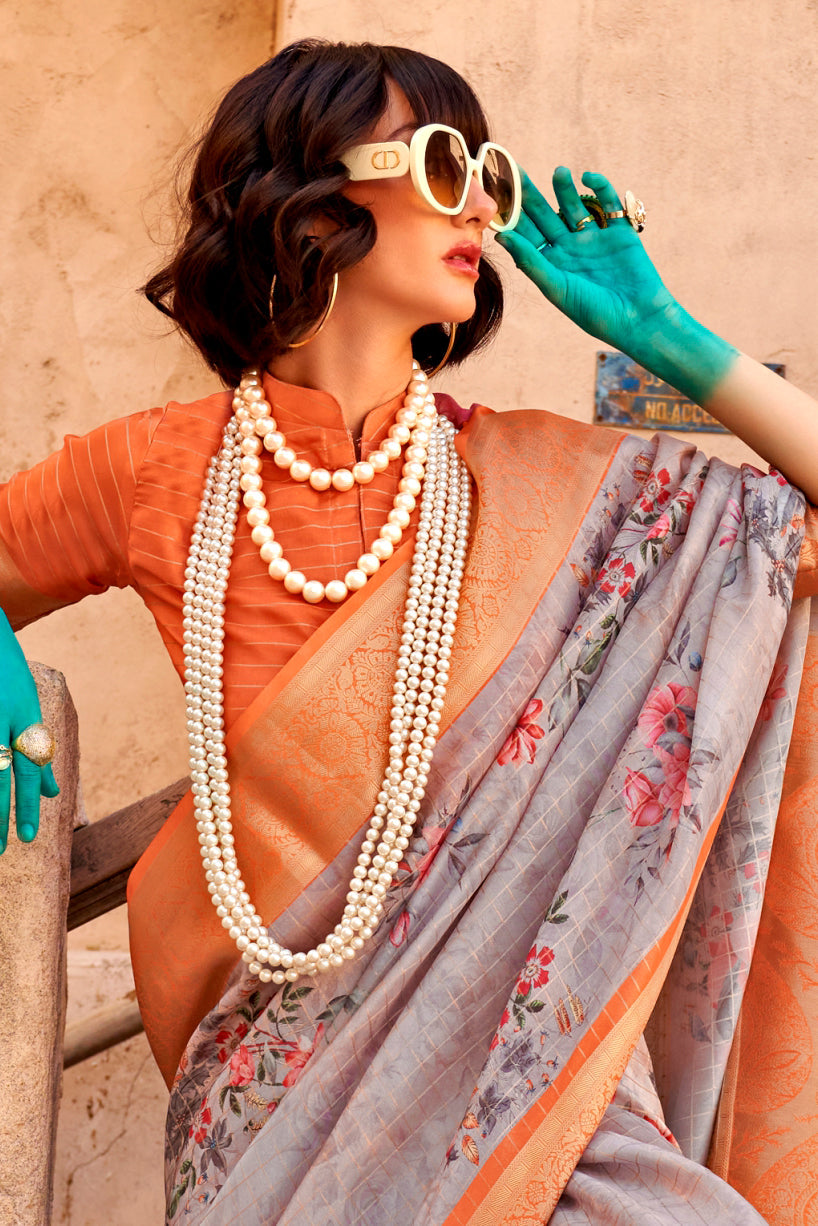 Grey Printed Georgette Saree with Jacquard Border-ZB133531_2_SareeButa.com