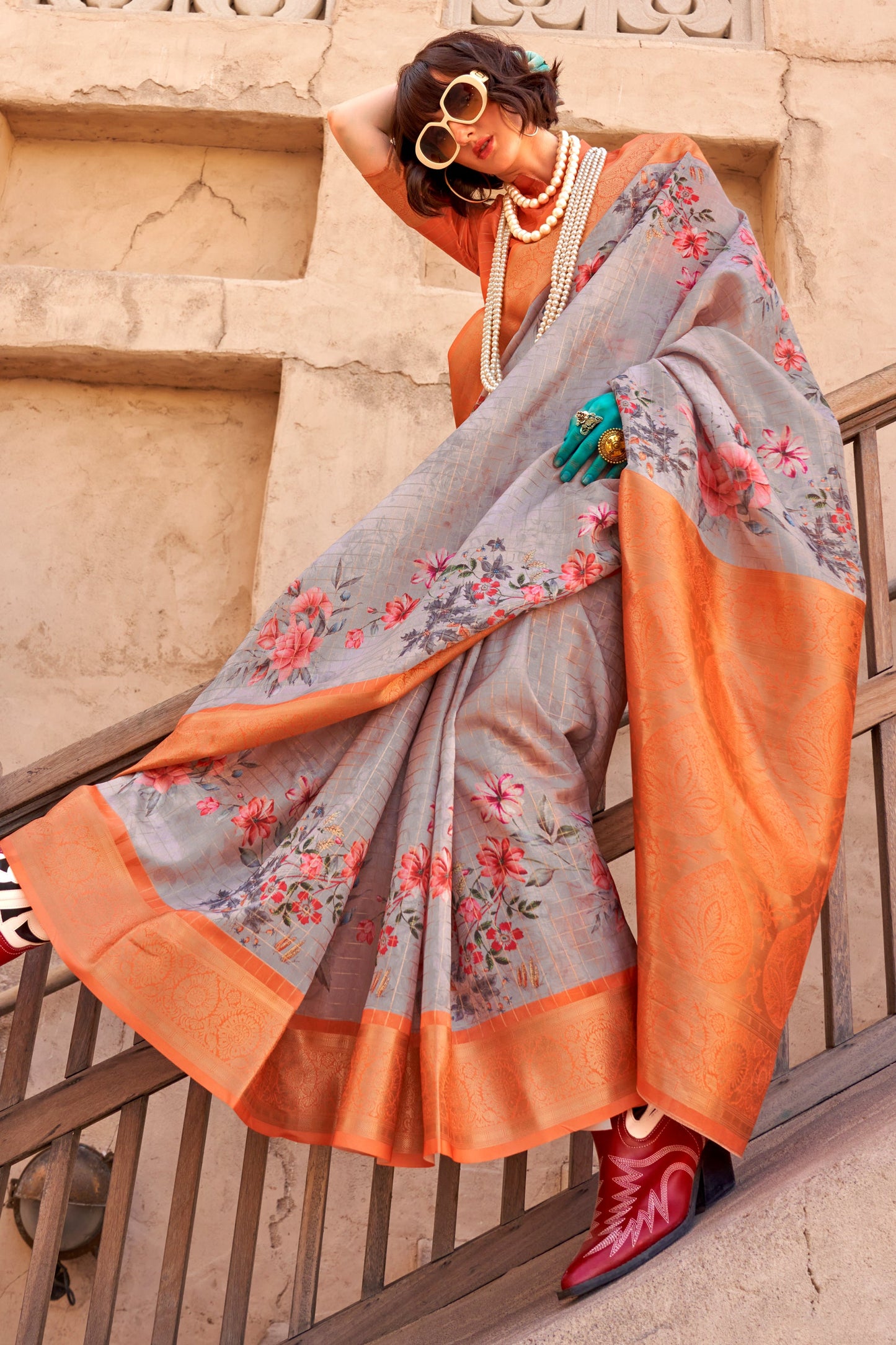 Grey Printed Georgette Saree with Jacquard Border-ZB133531_3_SareeButa.com