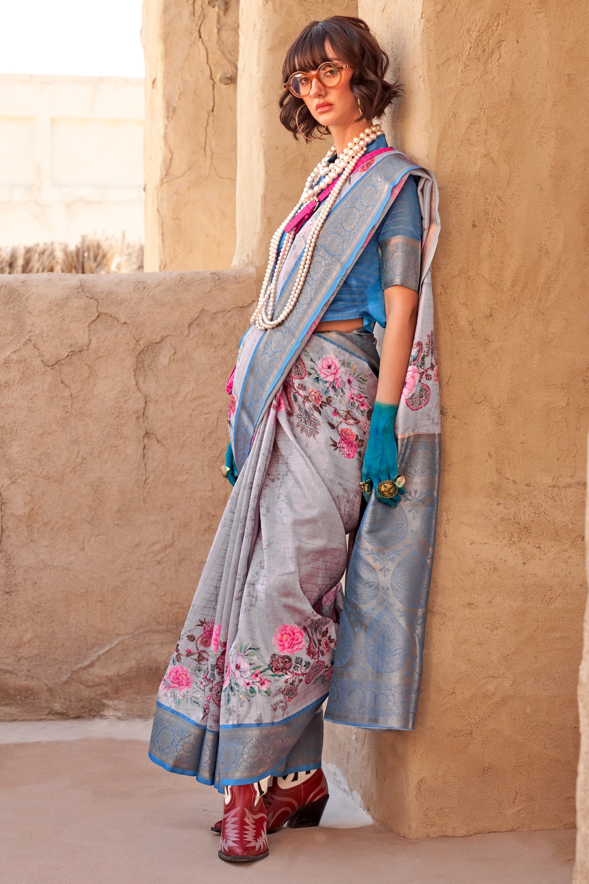 Grey Printed Georgette Saree with Jacquard Border-ZB133532_1_SareeButa.com