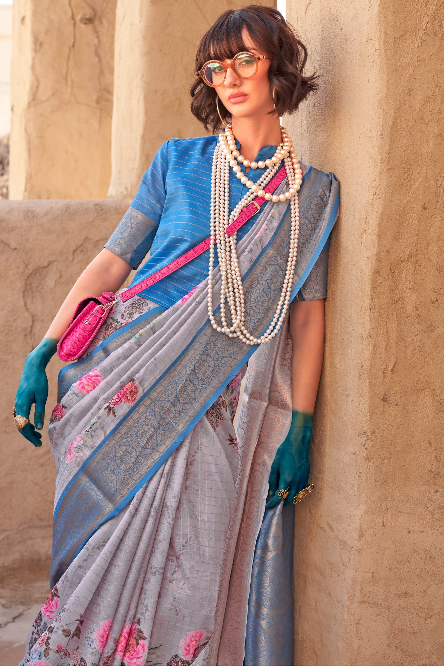 Grey Printed Georgette Saree with Jacquard Border-ZB133532_2_SareeButa.com