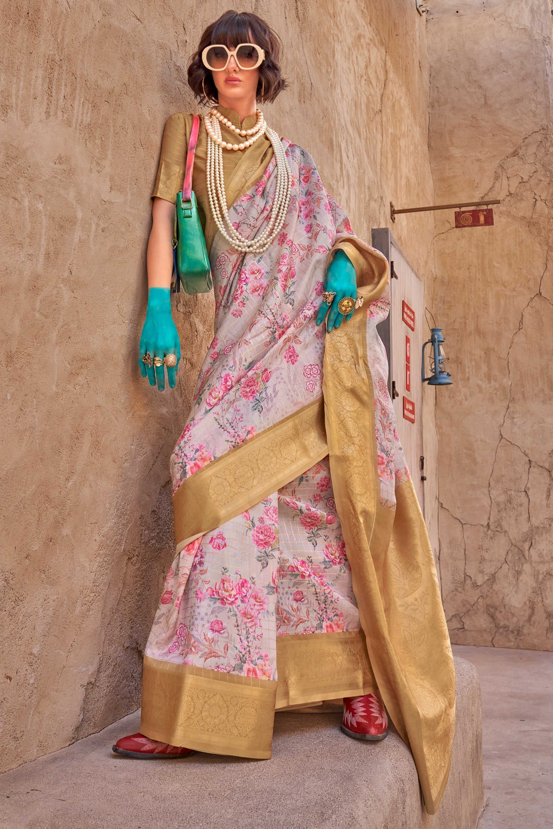 Grey Printed Georgette Saree with Jacquard Border-ZB133534_1_SareeButa.com