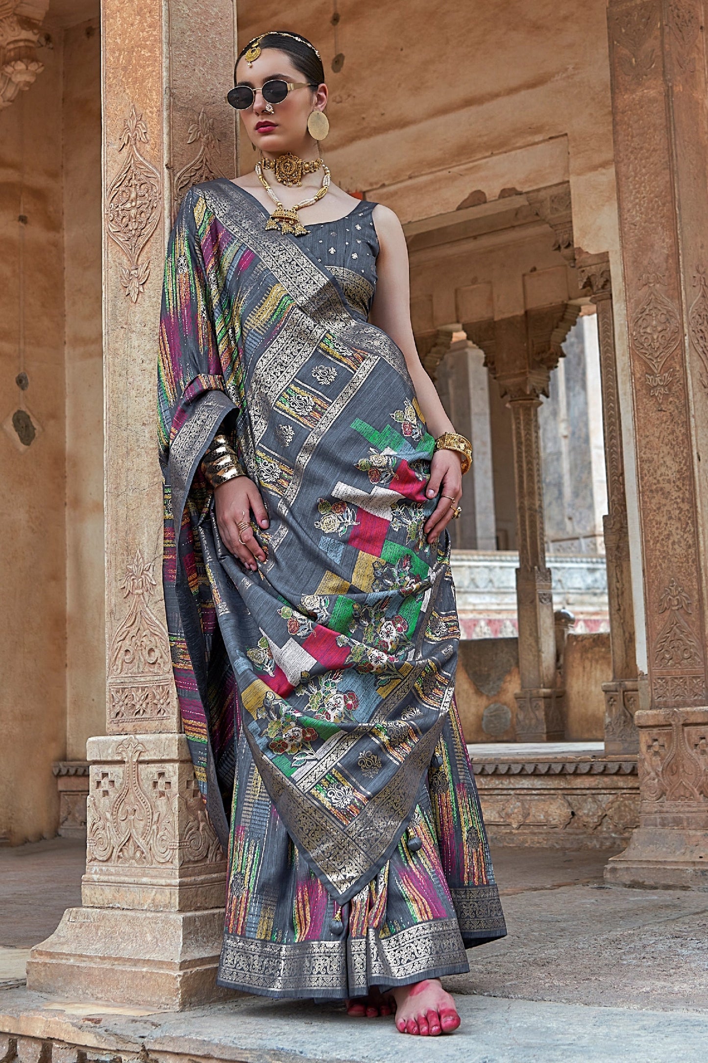 Grey Printed Patola Silk Saree-SAR11308_2_SareeButa.com