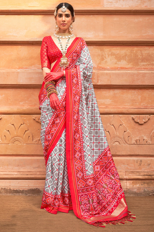 Grey Printed Patola Silk Saree