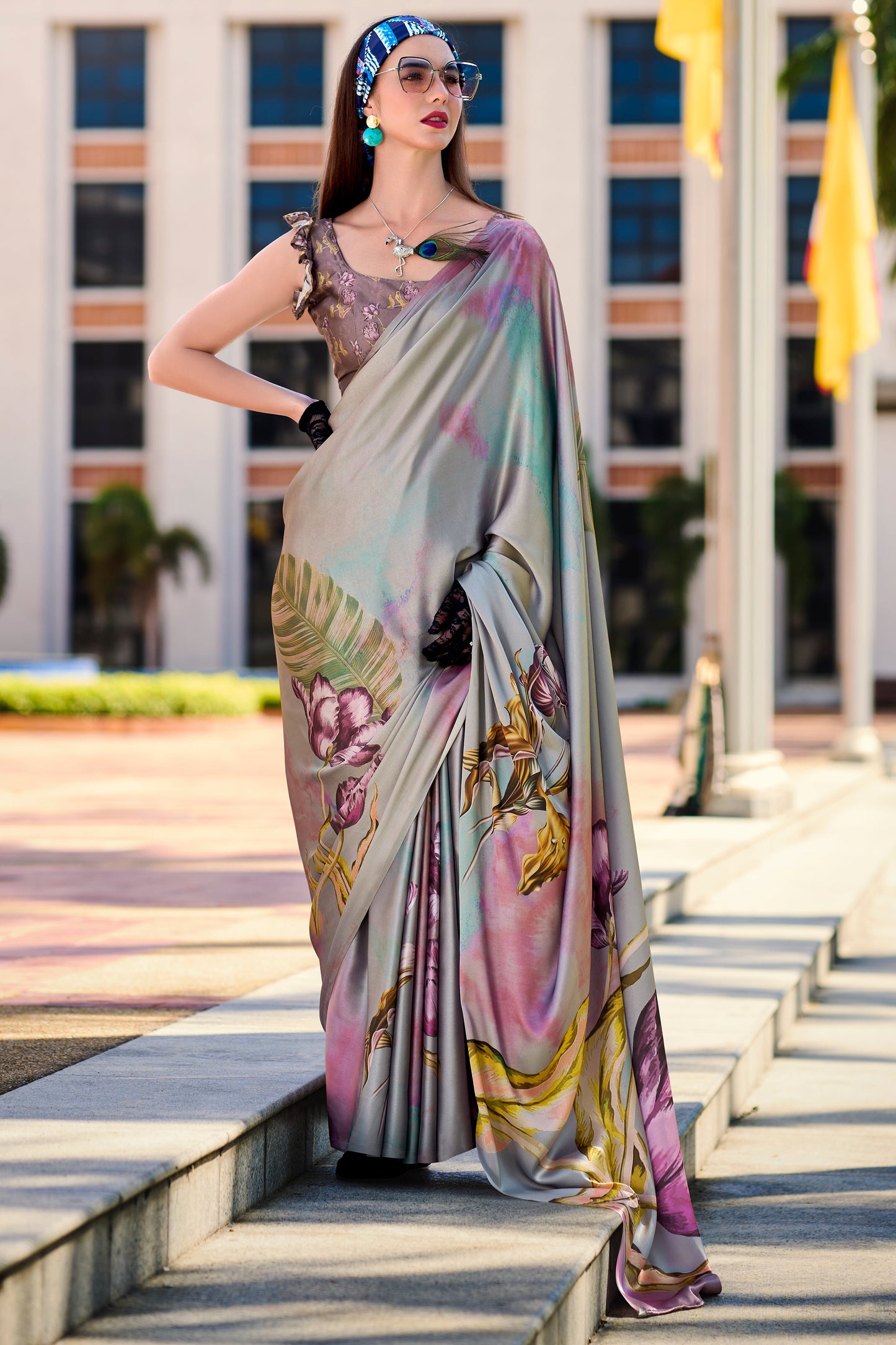 Grey Printed Satin Crepe Saree-ZB133759_1_SareeButa.com