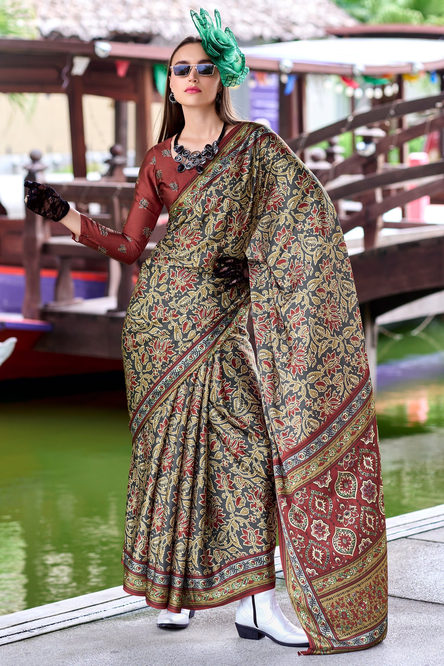 Grey Printed Satin Silk Saree-ZB133615_1_SareeButa.com