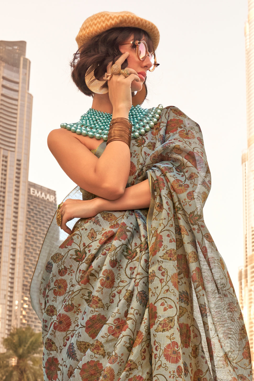 Grey Printed Tissue Saree-ZB132047_3