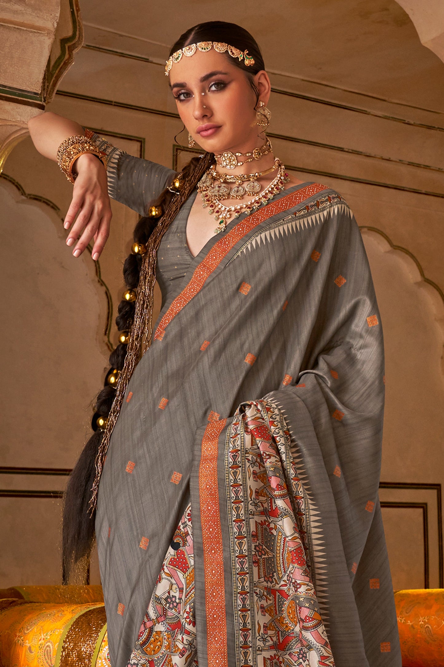 Grey Printed Viscose Silk Saree-SAR10086_3_SareeButa.com