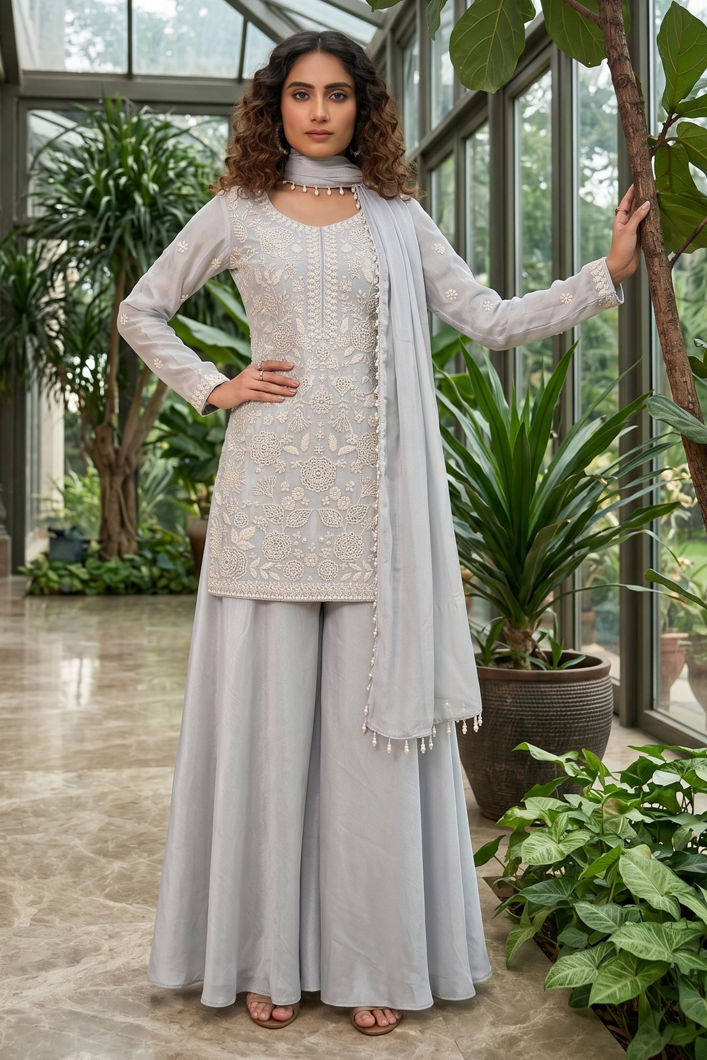 Grey Readymade Bead Work Chinon Palazzo Suit-SAR12800_1_SareeButa.com
