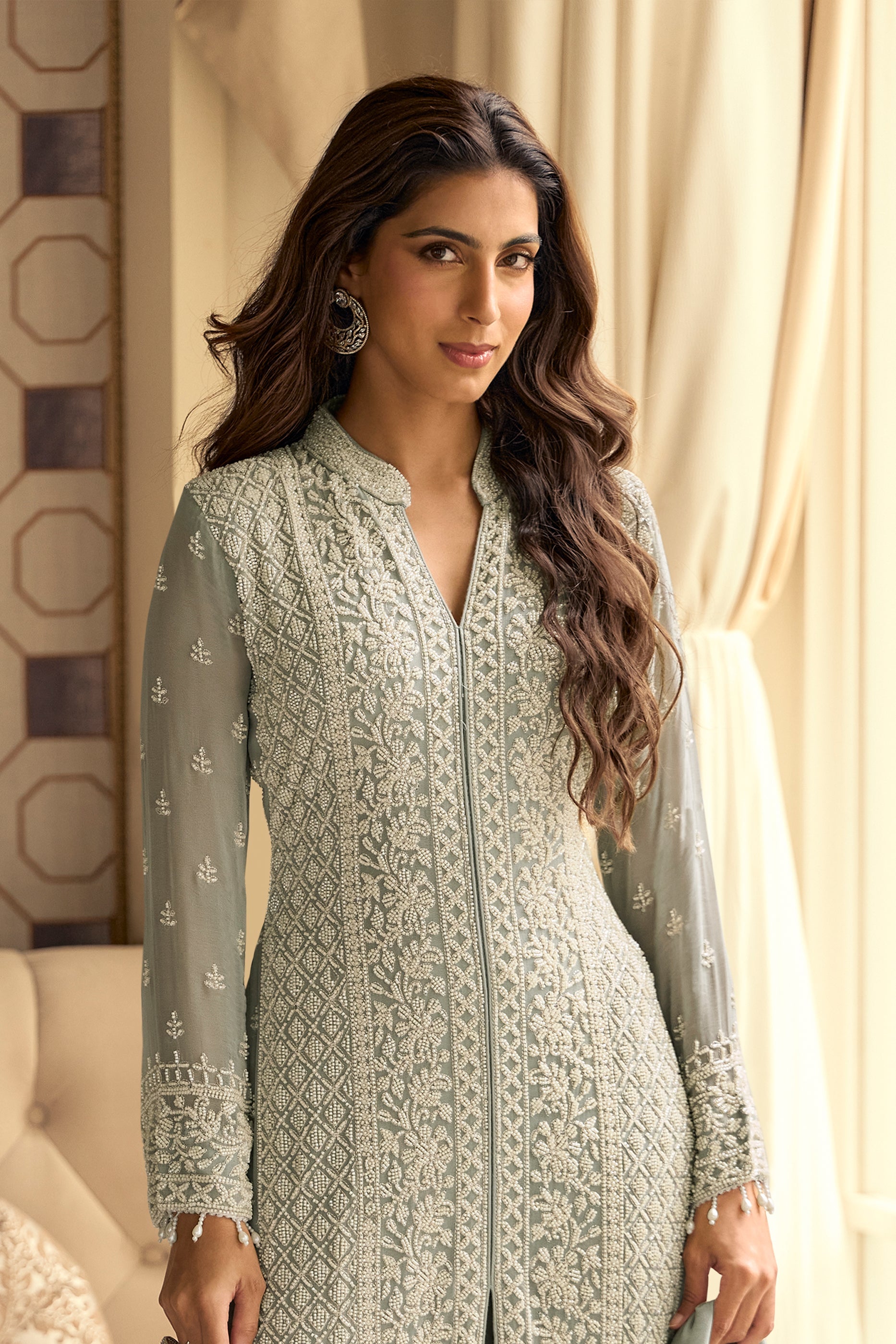 Grey Readymade Bead Work Georgette Suit-SAR11063_3_SareeButa.com