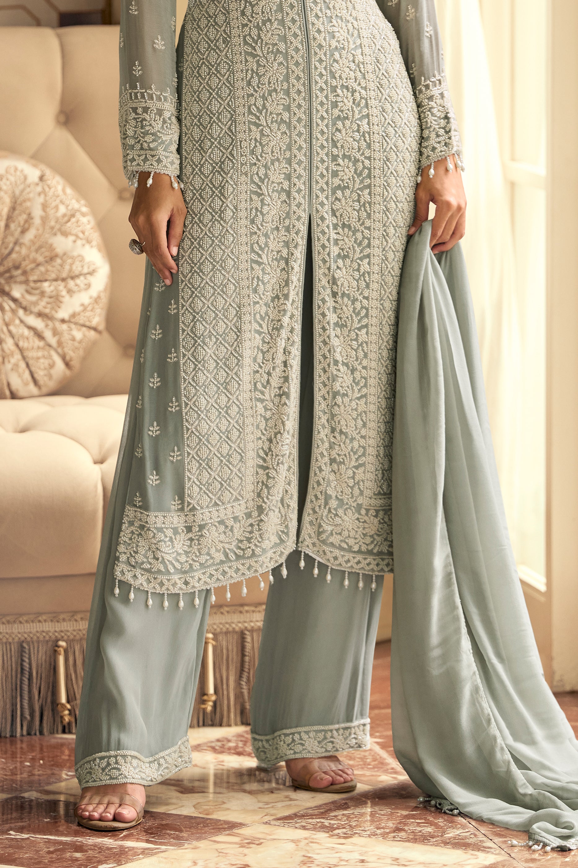 Grey Readymade Bead Work Georgette Suit-SAR11063_4_SareeButa.com