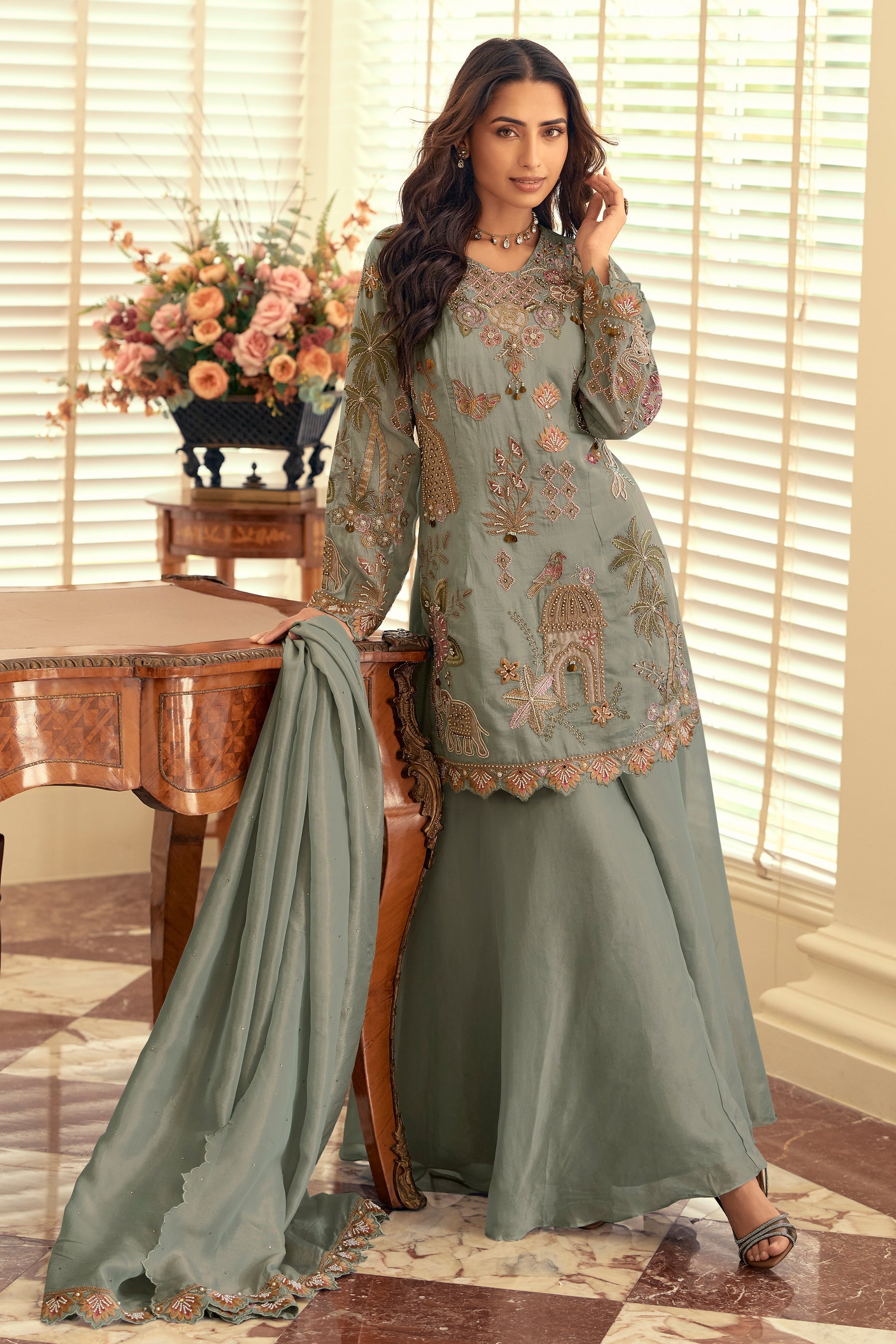 Grey Readymade Bead Work Silk Suit-SAR12051_1_SareeButa.com