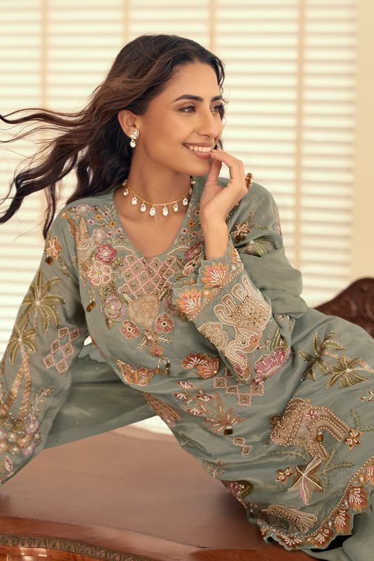 Grey Readymade Bead Work Silk Suit-SAR12051_2_SareeButa.com