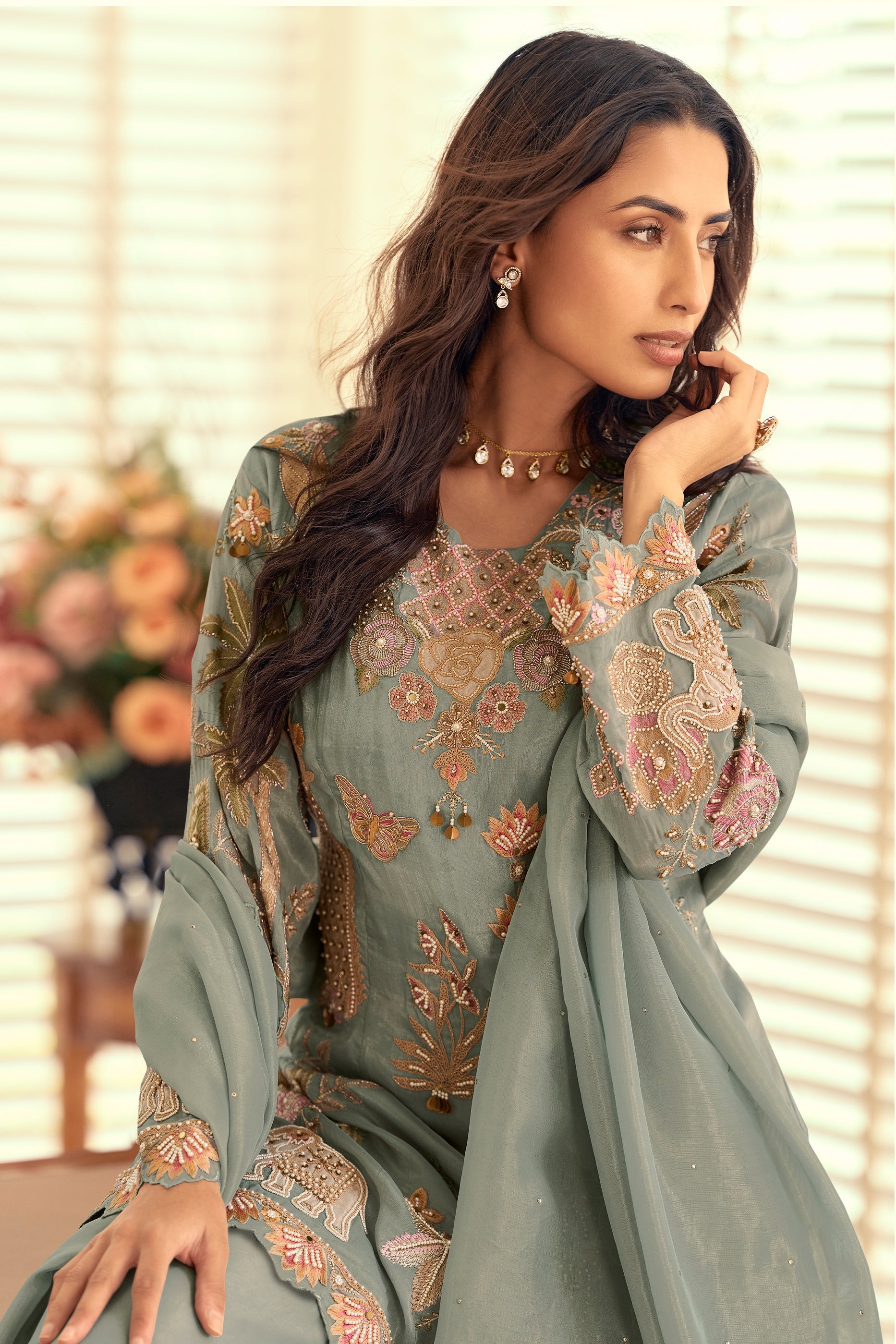 Grey Readymade Bead Work Silk Suit-SAR12051_3_SareeButa.com