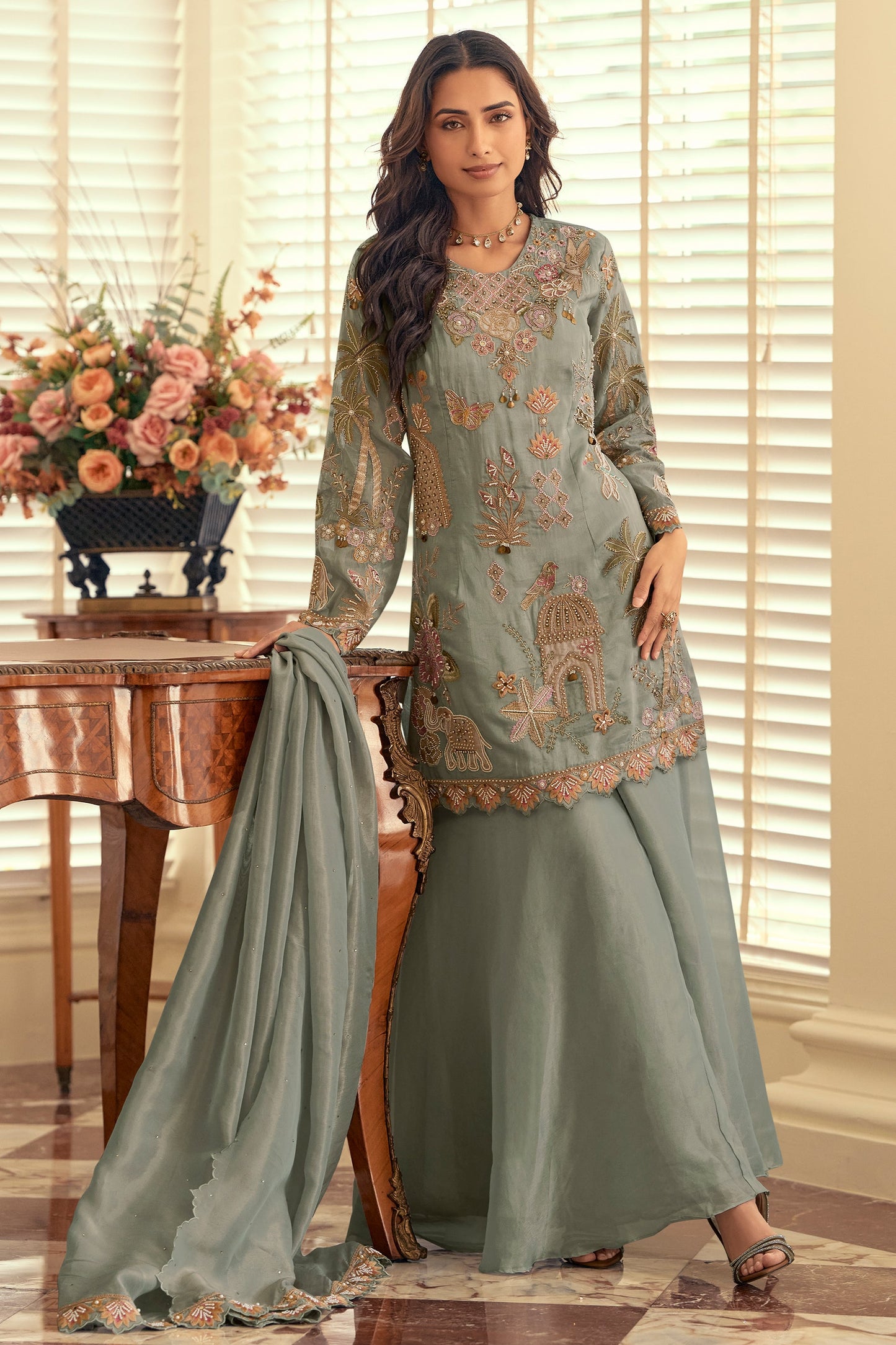 Grey Readymade Bead Work Silk Suit-SAR12051_4_SareeButa.com