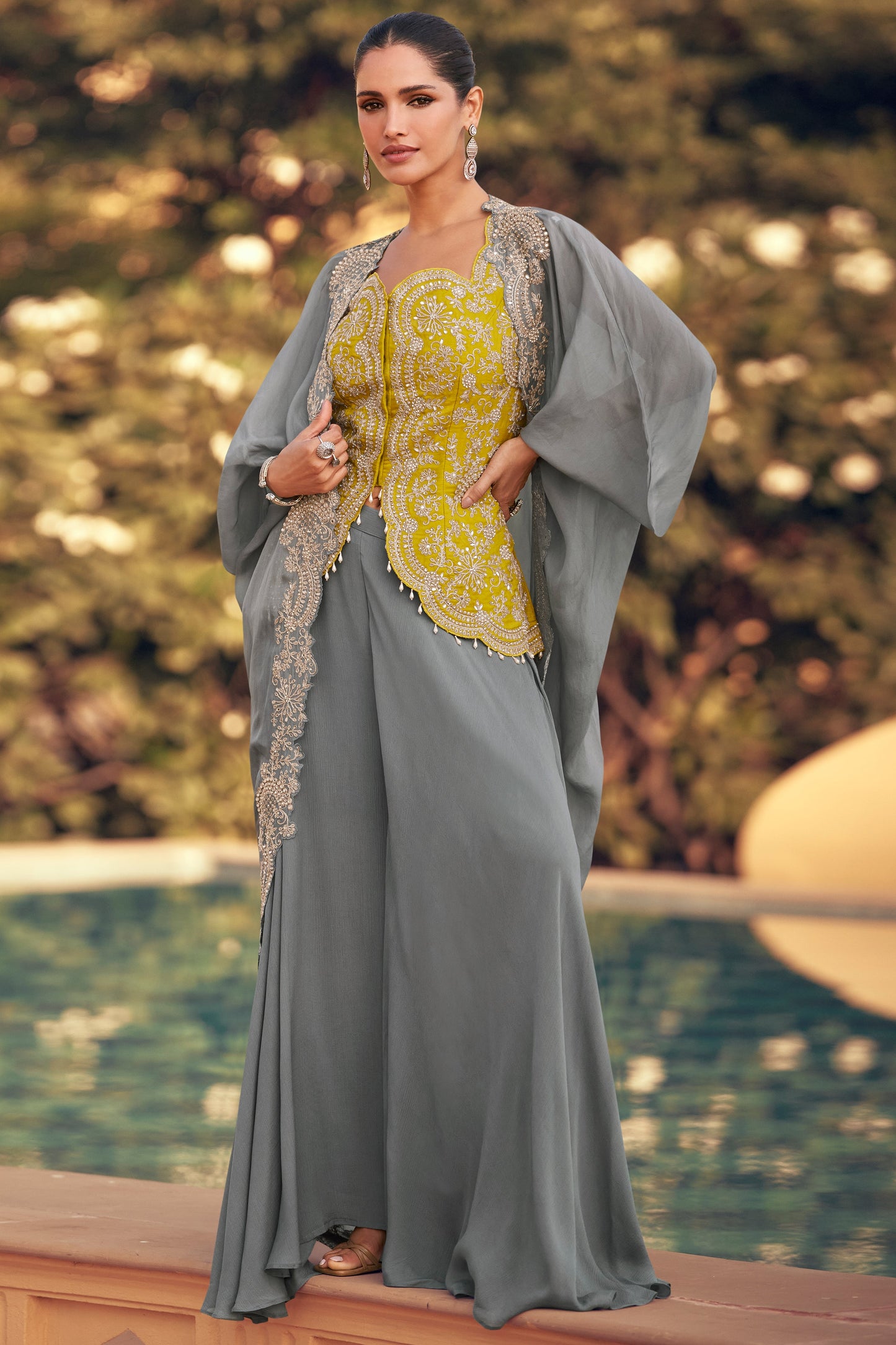 Grey Readymade Chinon Palazzo Set with Shrug-SS804_1_SareeButa.com