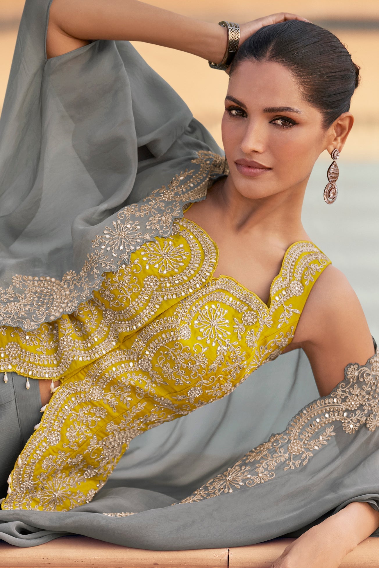 Grey Readymade Chinon Palazzo Set with Shrug-SS804_3_SareeButa.com