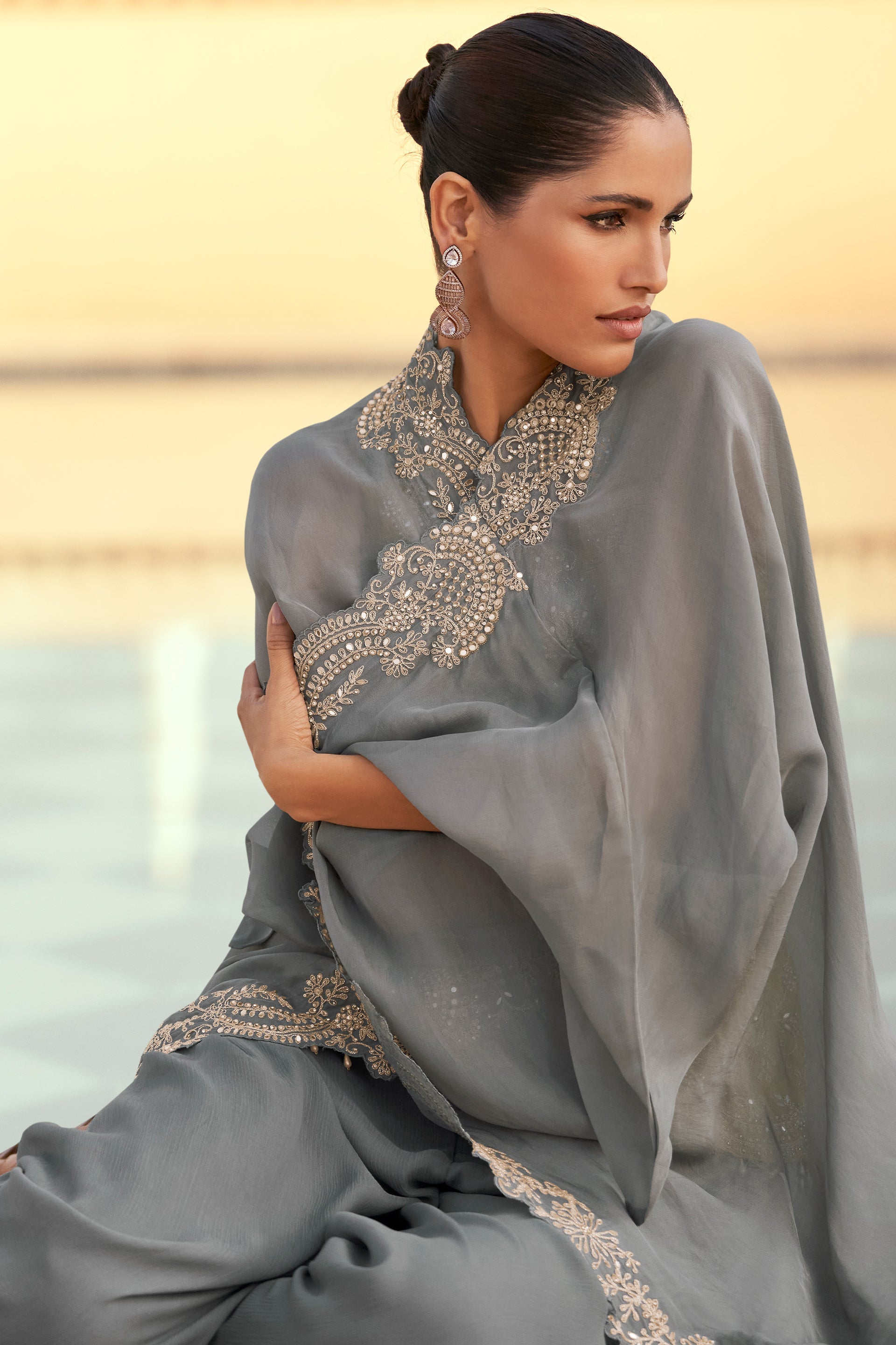 Grey Readymade Chinon Palazzo Set with Shrug-SS804_4_SareeButa.com