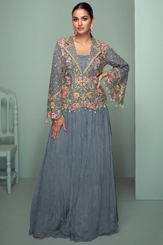 Grey Readymade Chinon Silk Skirt Set-SS768_1_SareeButa.com