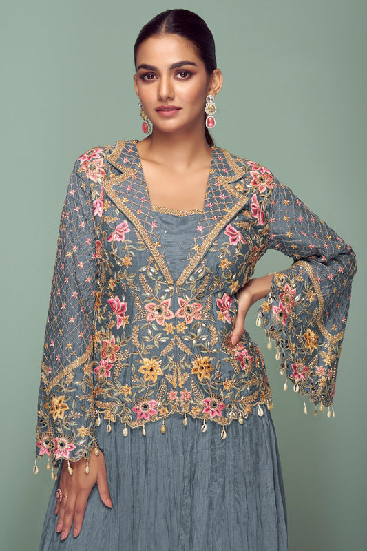 Grey Readymade Chinon Silk Skirt Set-SS768_2_SareeButa.com