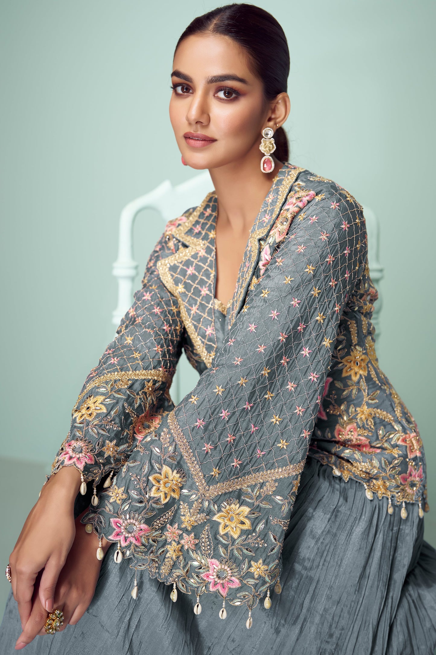 Grey Readymade Chinon Silk Skirt Set-SS768_3_SareeButa.com