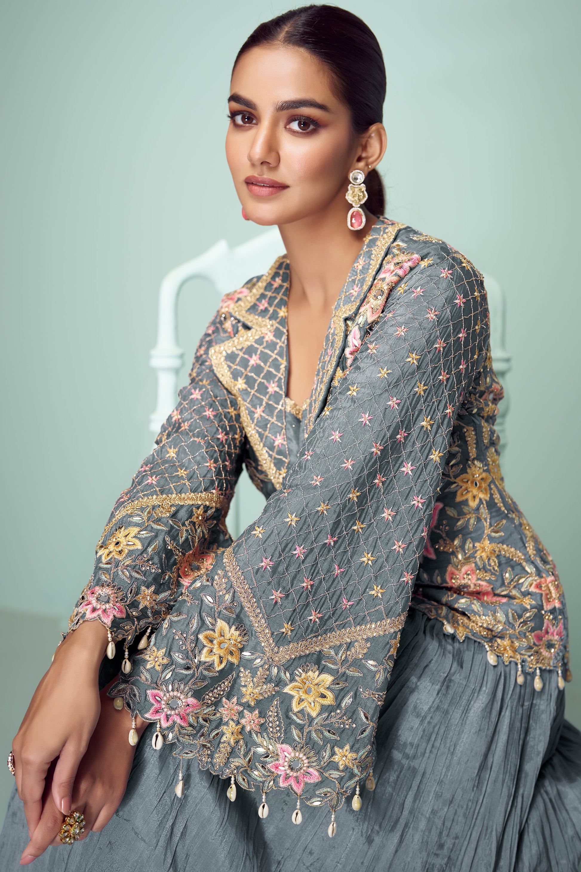 Grey Readymade Chinon Silk Skirt Set-SS768_3_SareeButa.com