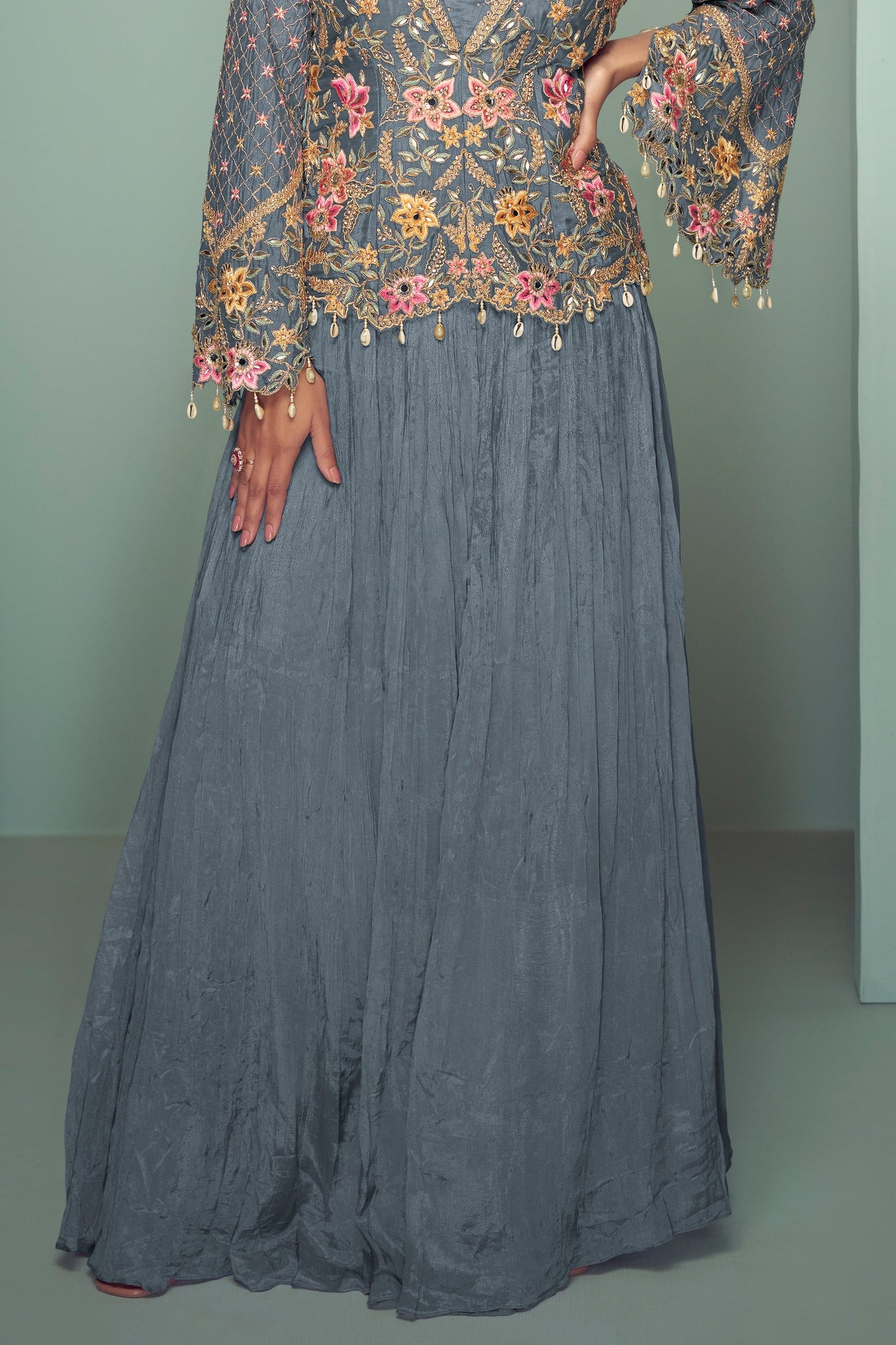 Grey Readymade Chinon Silk Skirt Set-SS768_4_SareeButa.com