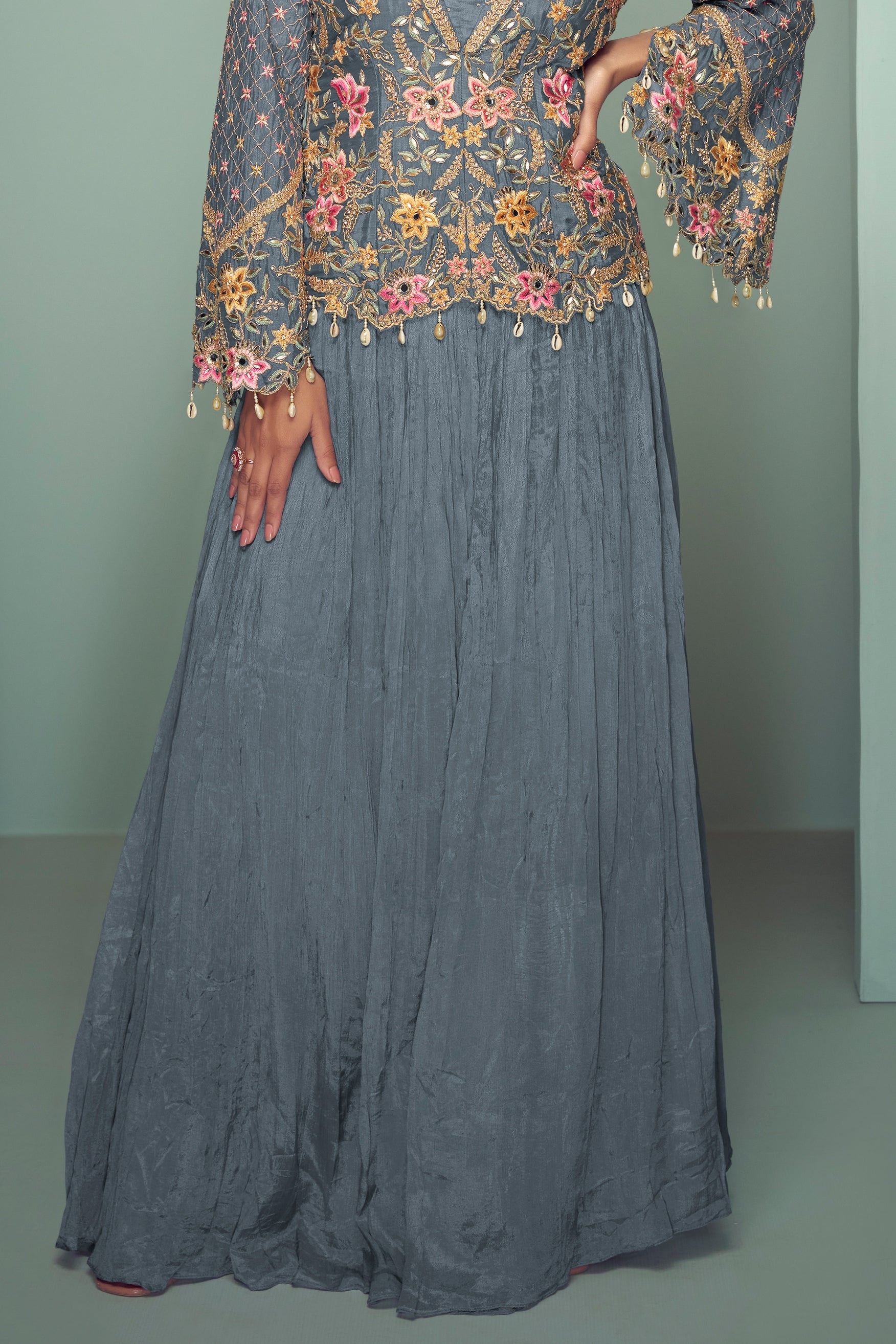 Grey Readymade Chinon Silk Skirt Set-SS768_4_SareeButa.com