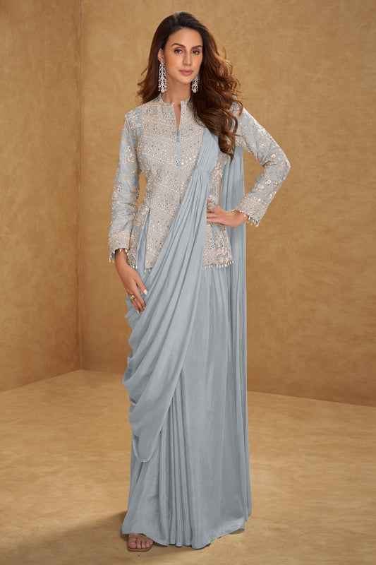 Grey Readymade Chinon Skirt Set With Stitched Dupatta-SAR12796_1_SareeButa.com