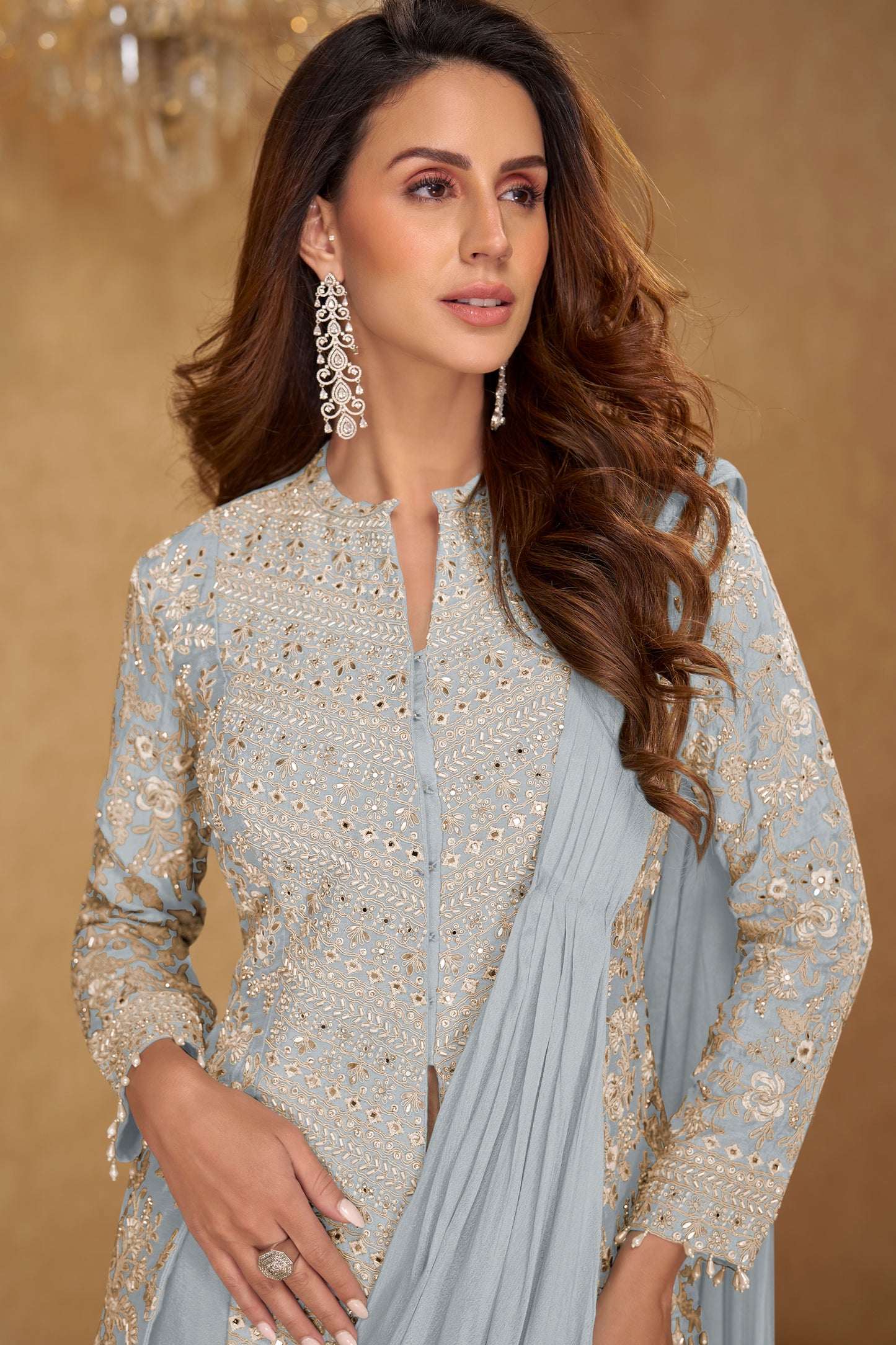 Grey Readymade Chinon Skirt Set With Stitched Dupatta-SAR12796_2_SareeButa.com
