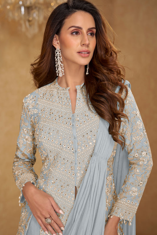 Grey Readymade Chinon Skirt Set With Stitched Dupatta-SAR12796_2_SareeButa.com
