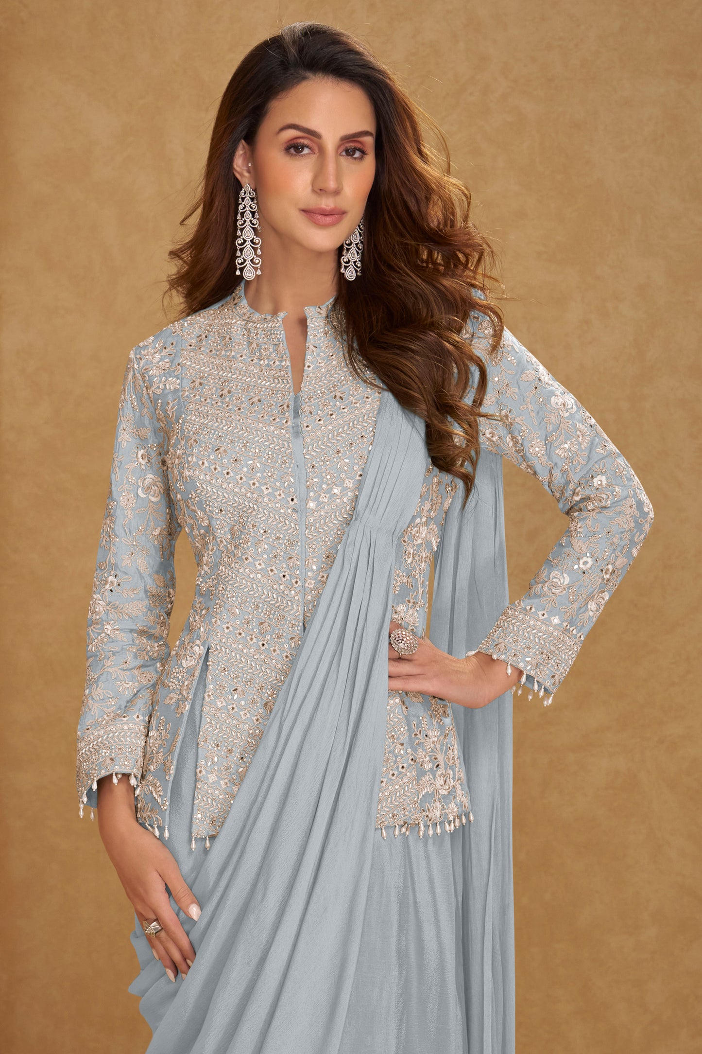 Grey Readymade Chinon Skirt Set With Stitched Dupatta-SAR12796_3_SareeButa.com