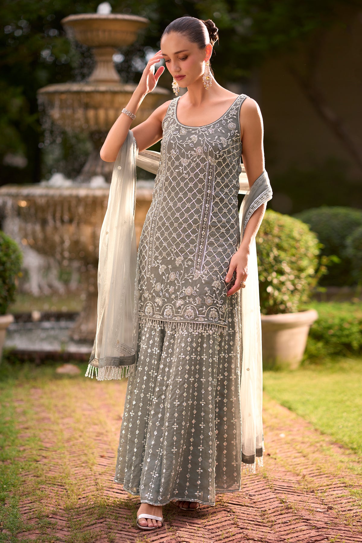 Grey Readymade Embroidered Chiffon Sharara Suit-SAR13574_1_SareeButa.com