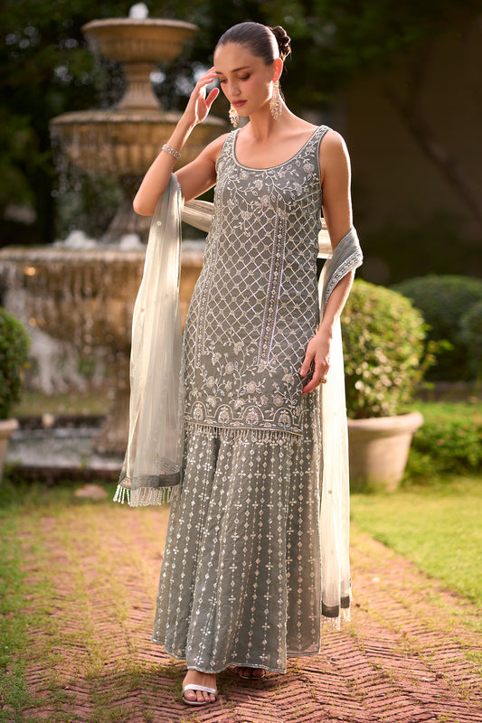 Grey Readymade Embroidered Chiffon Sharara Suit-SAR13574_1_SareeButa.com