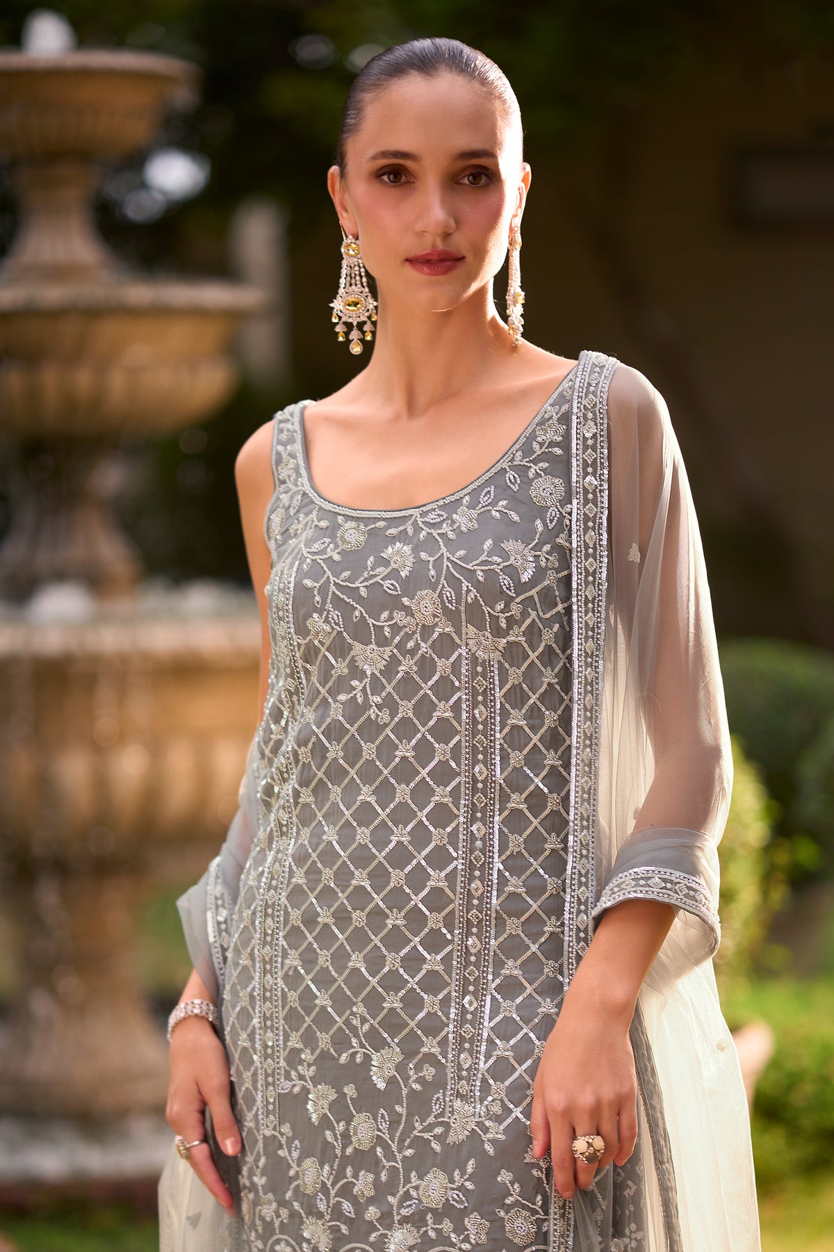 Grey Readymade Embroidered Chiffon Sharara Suit-SAR13574_2_SareeButa.com