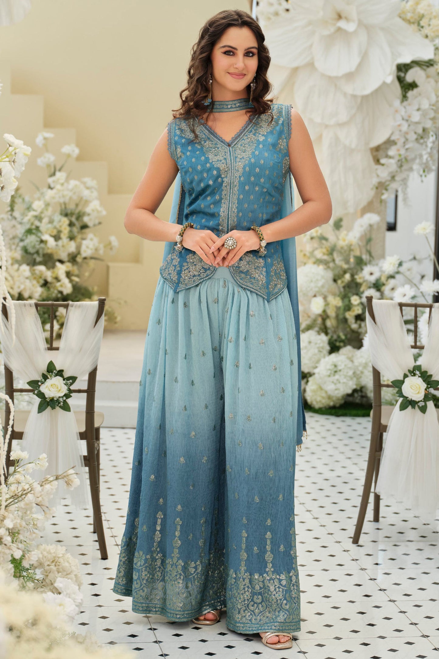 Grey Readymade Embroidered Chinon Palazzo Set-SAR12129_1_SareeButa.com