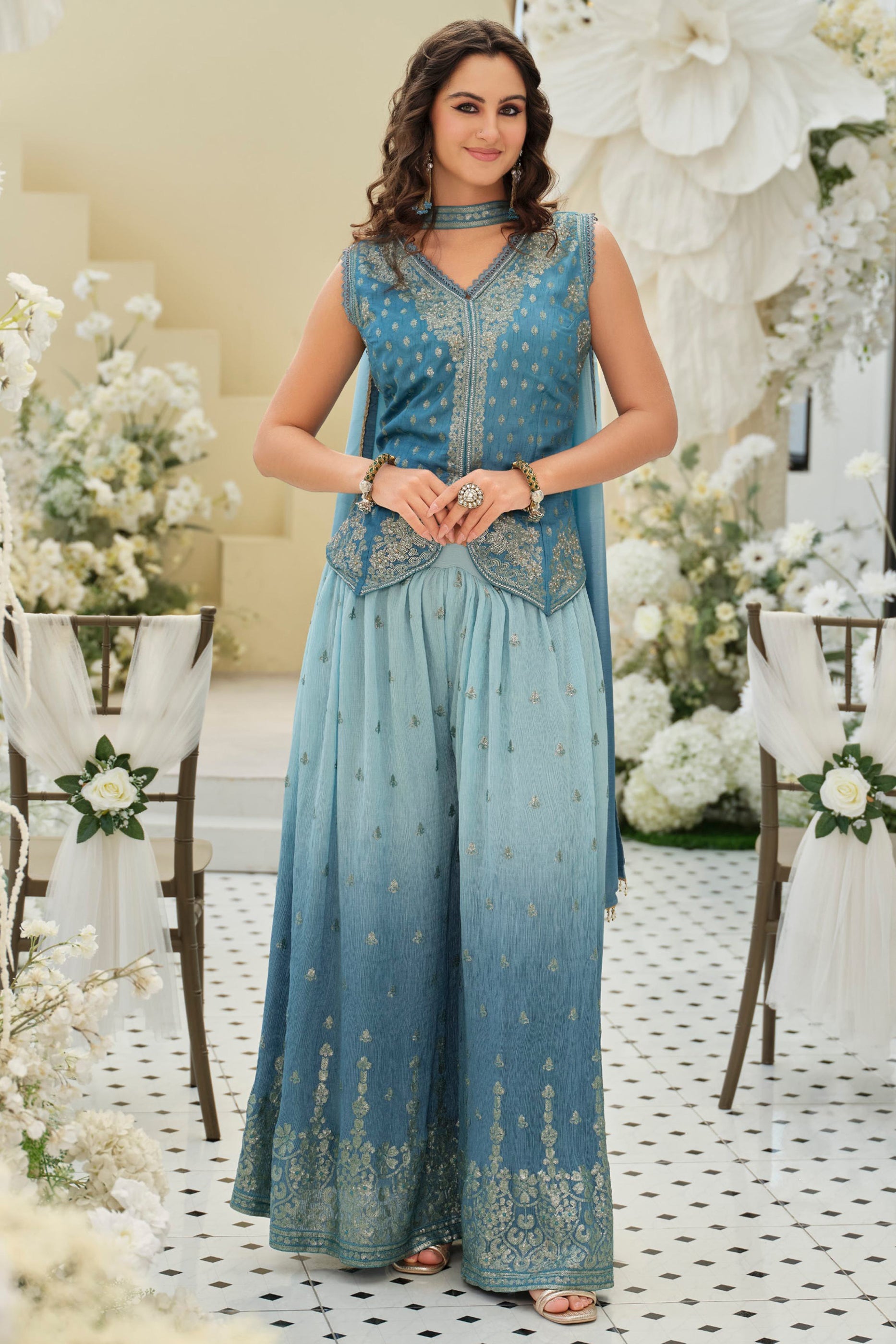 Grey Readymade Embroidered Chinon Palazzo Set-SAR12129_1_SareeButa.com