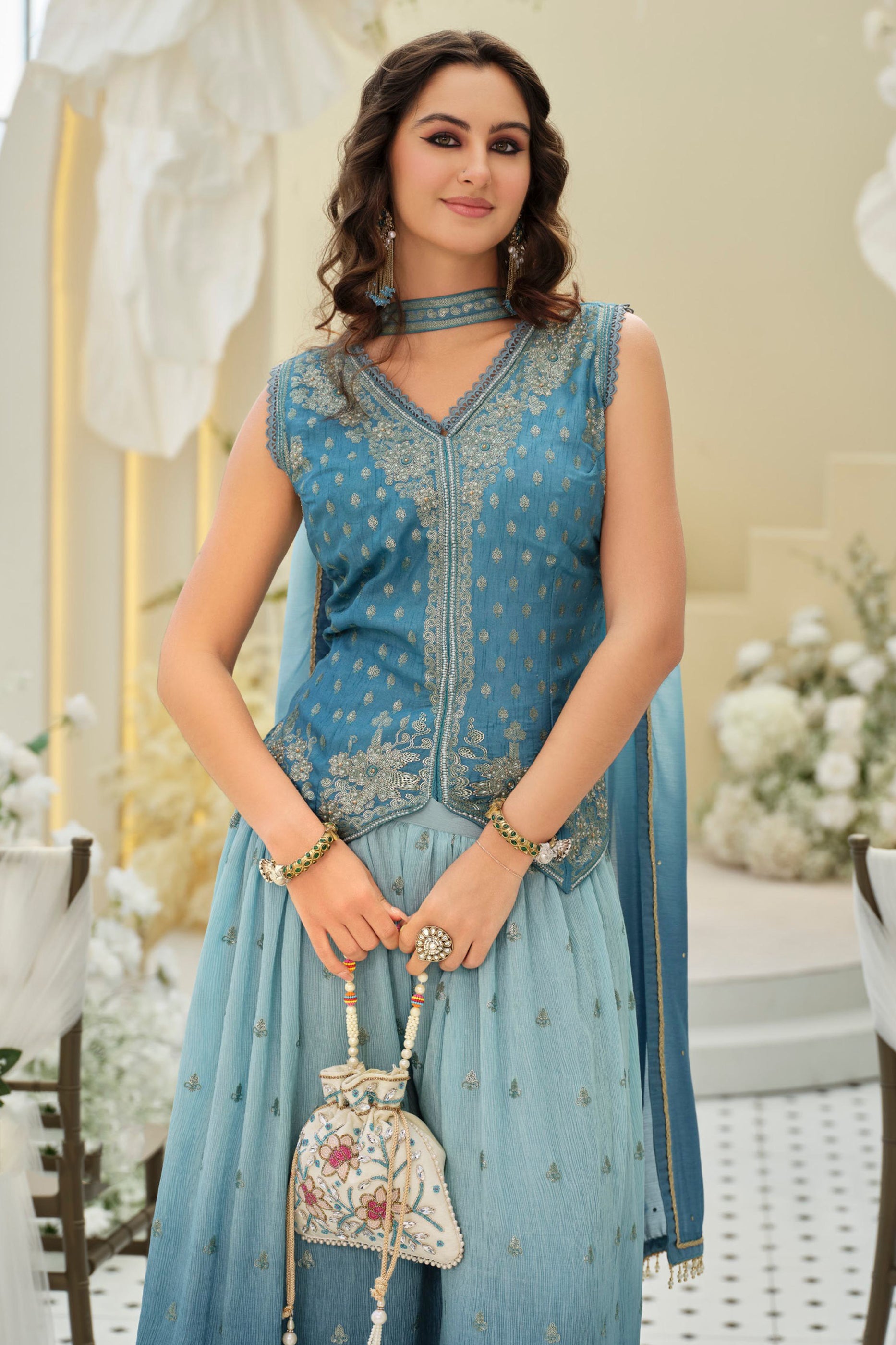 Grey Readymade Embroidered Chinon Palazzo Set-SAR12129_3_SareeButa.com