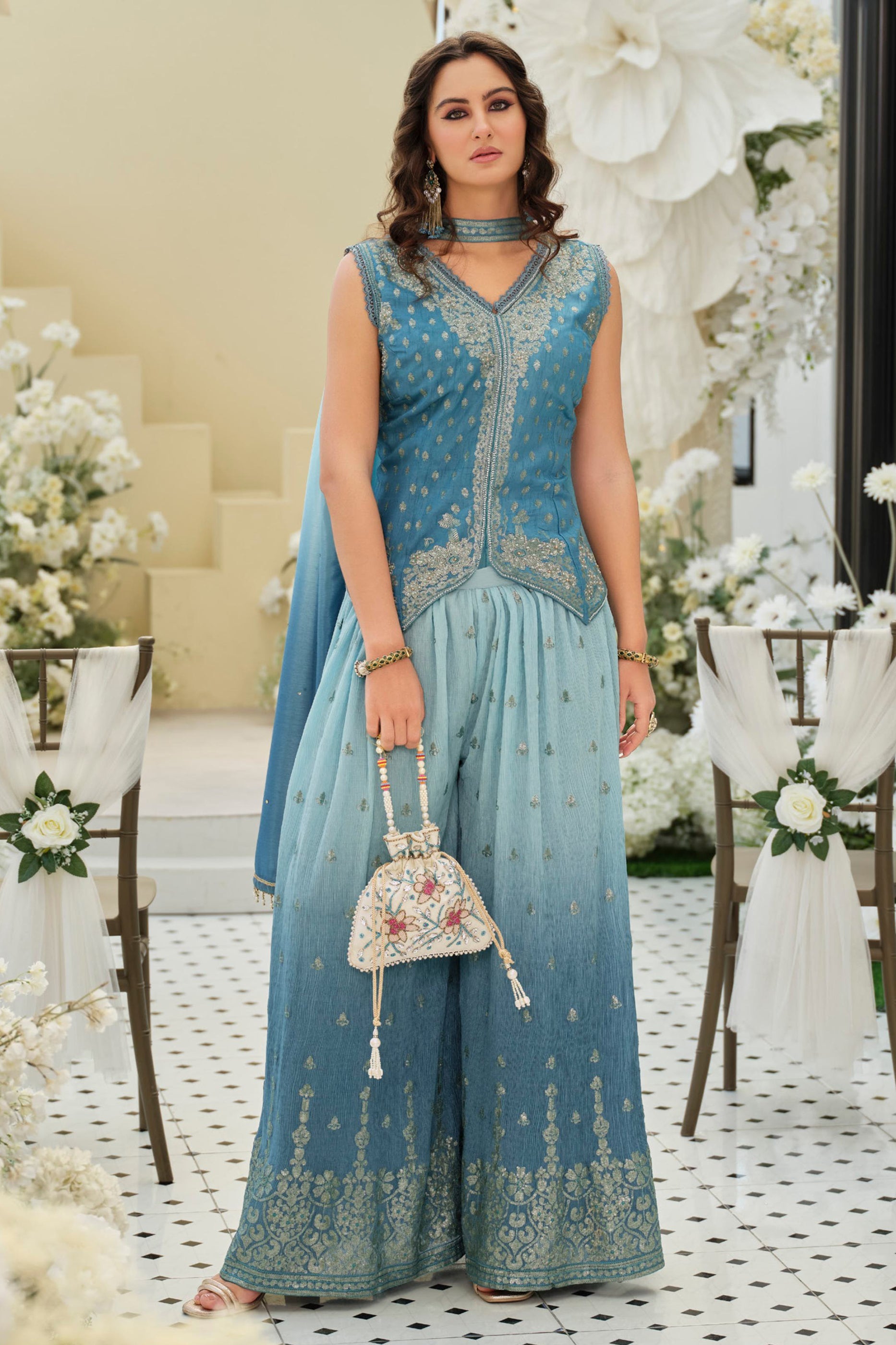 Grey Readymade Embroidered Chinon Palazzo Set-SAR12129_4_SareeButa.com