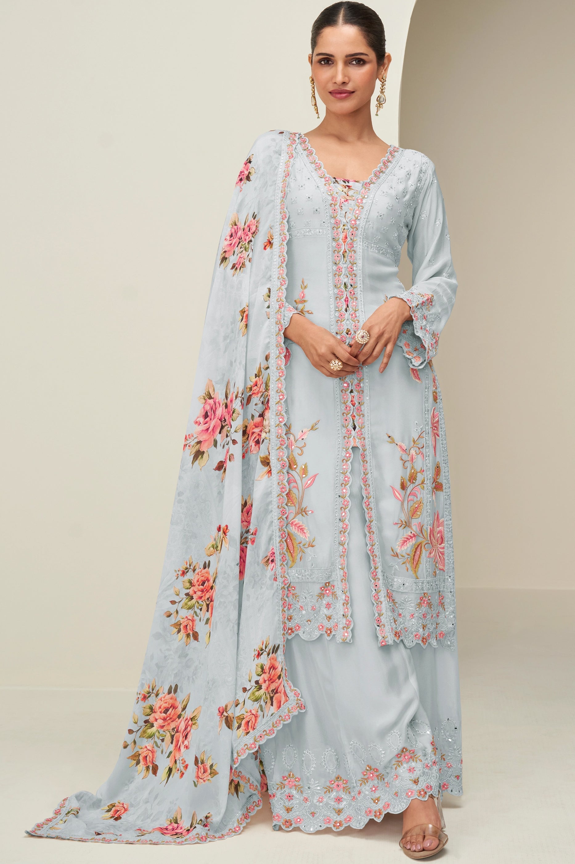 Grey Readymade Embroidered Chinon Silk Suit-SAR10531_1_SareeButa.com
