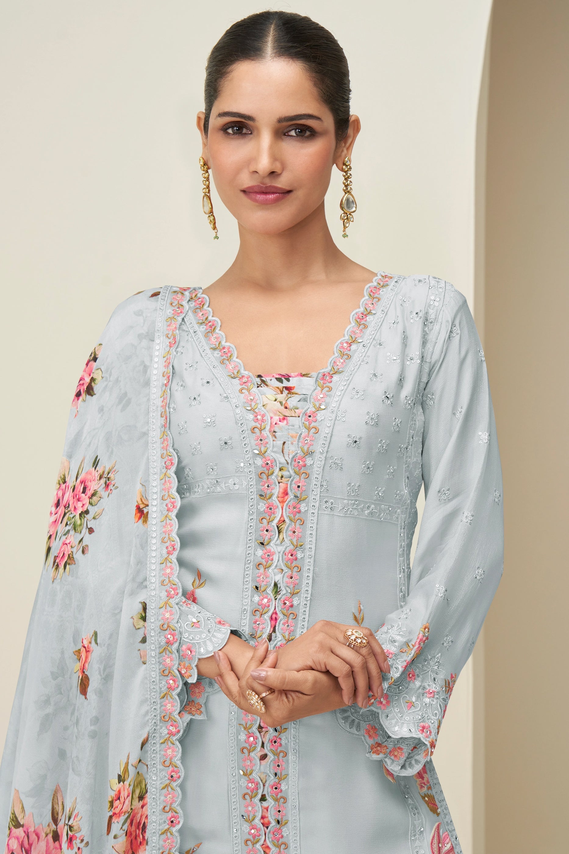 Grey Readymade Embroidered Chinon Silk Suit-SAR10531_2_SareeButa.com