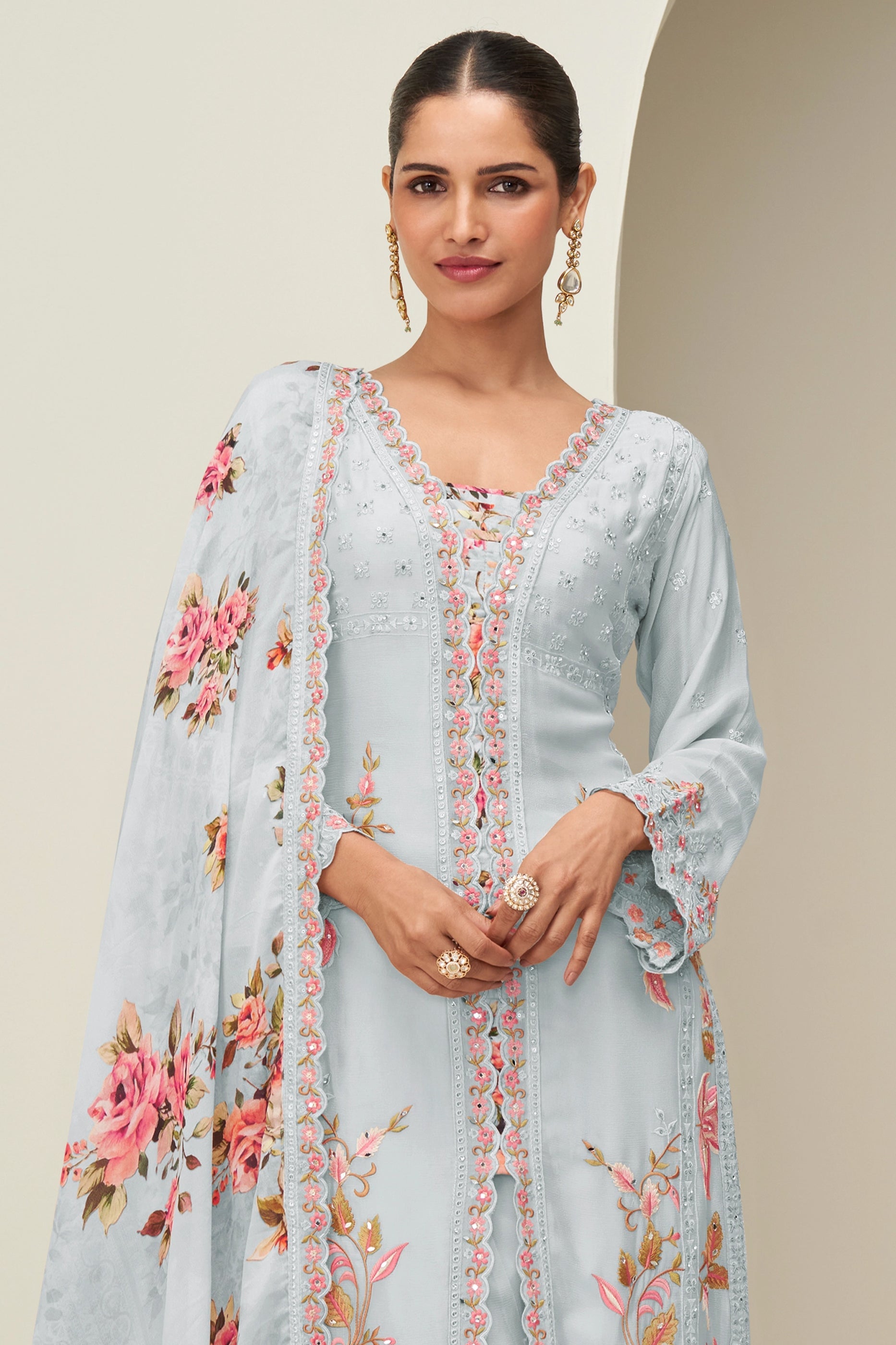 Grey Readymade Embroidered Chinon Silk Suit-SAR10531_3_SareeButa.com