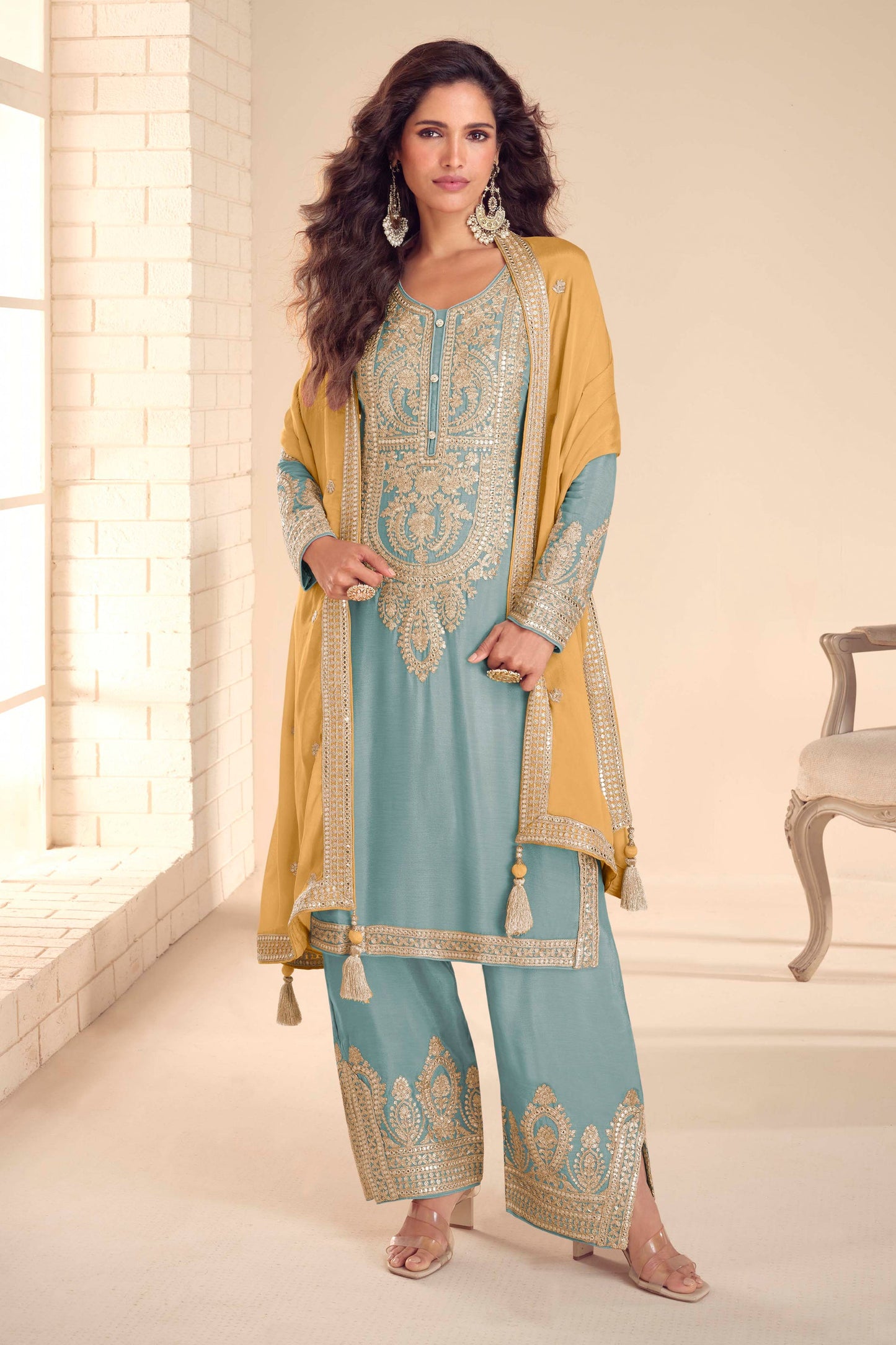 Grey Readymade Embroidered Chinon Suit-SAR12153_1_SareeButa.com