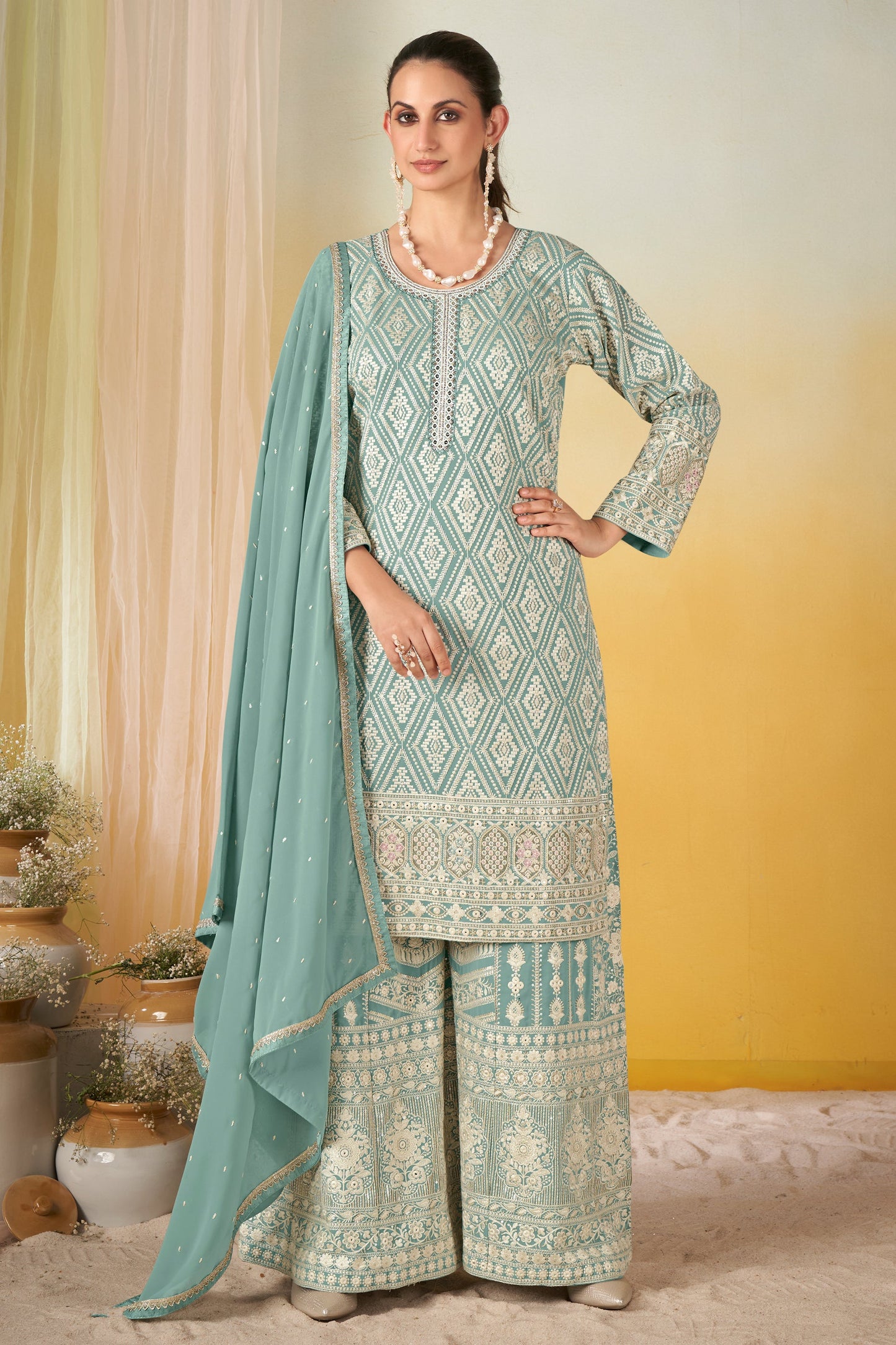 Grey Readymade Embroidered Georgette Palazzo Suit-SAR11569_1_SareeButa.com