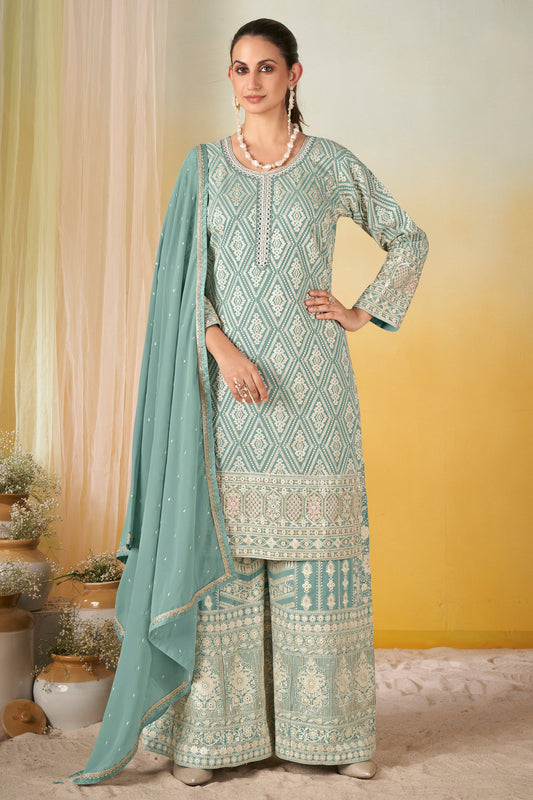 Grey Readymade Embroidered Georgette Palazzo Suit-SAR11569_1_SareeButa.com