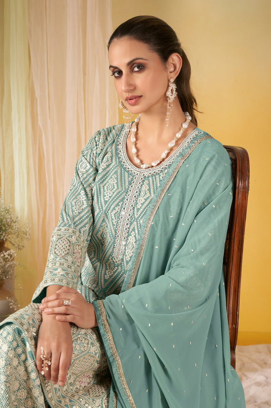 Grey Readymade Embroidered Georgette Palazzo Suit-SAR11569_2_SareeButa.com