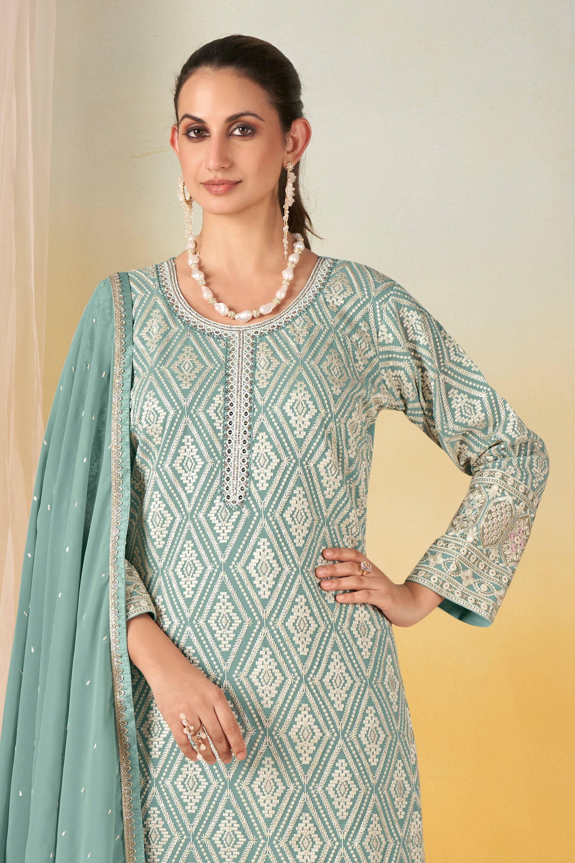 Grey Readymade Embroidered Georgette Palazzo Suit-SAR11569_3_SareeButa.com